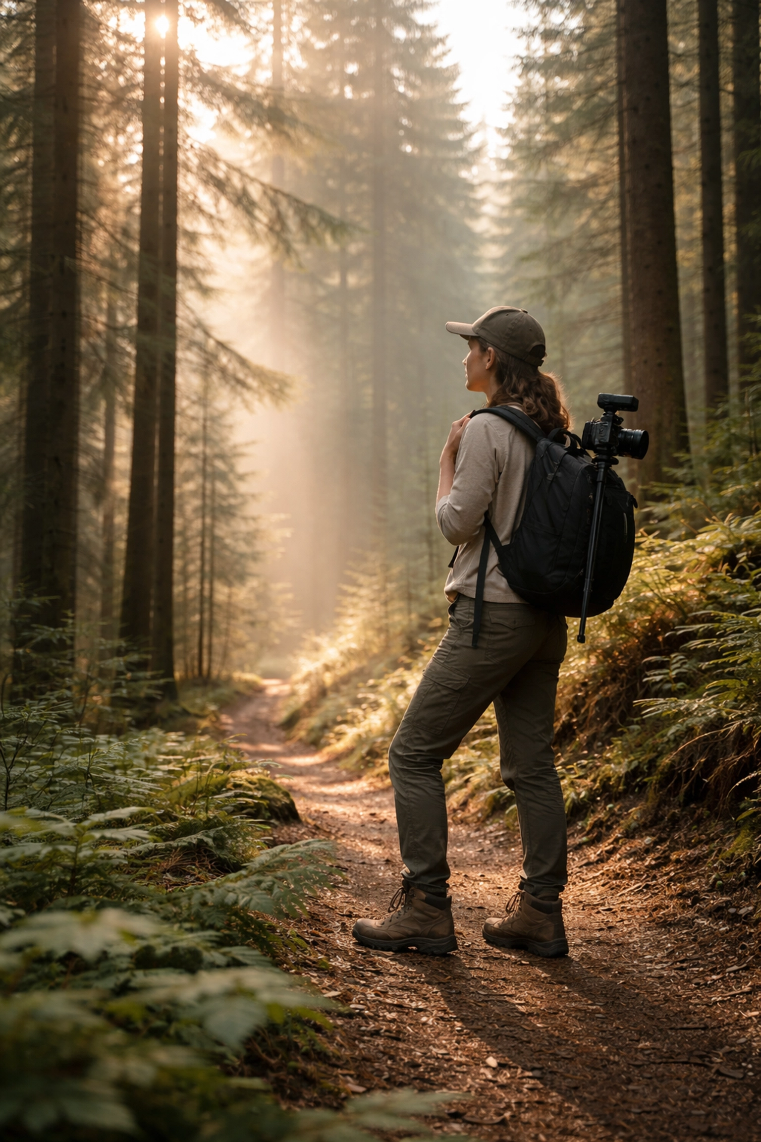 Female wedding filmmaker hiking an Oregon forest trail, scouting scenic locations for an adventure wedding.
