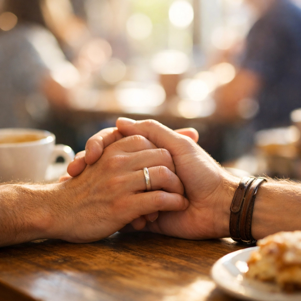 Two men holding hands in busy café - gay romance connection amidst chaos