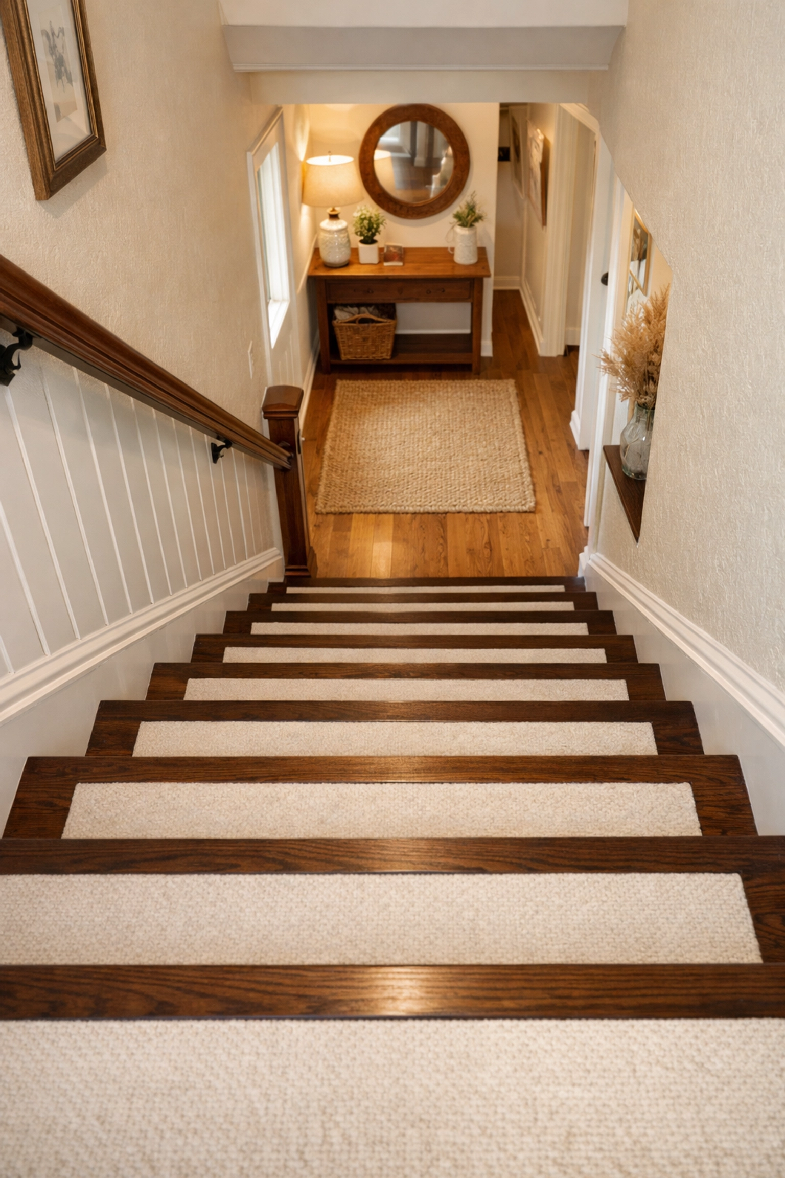 View from top of stairs showing high-contrast edges on treads for better depth perception and safety.