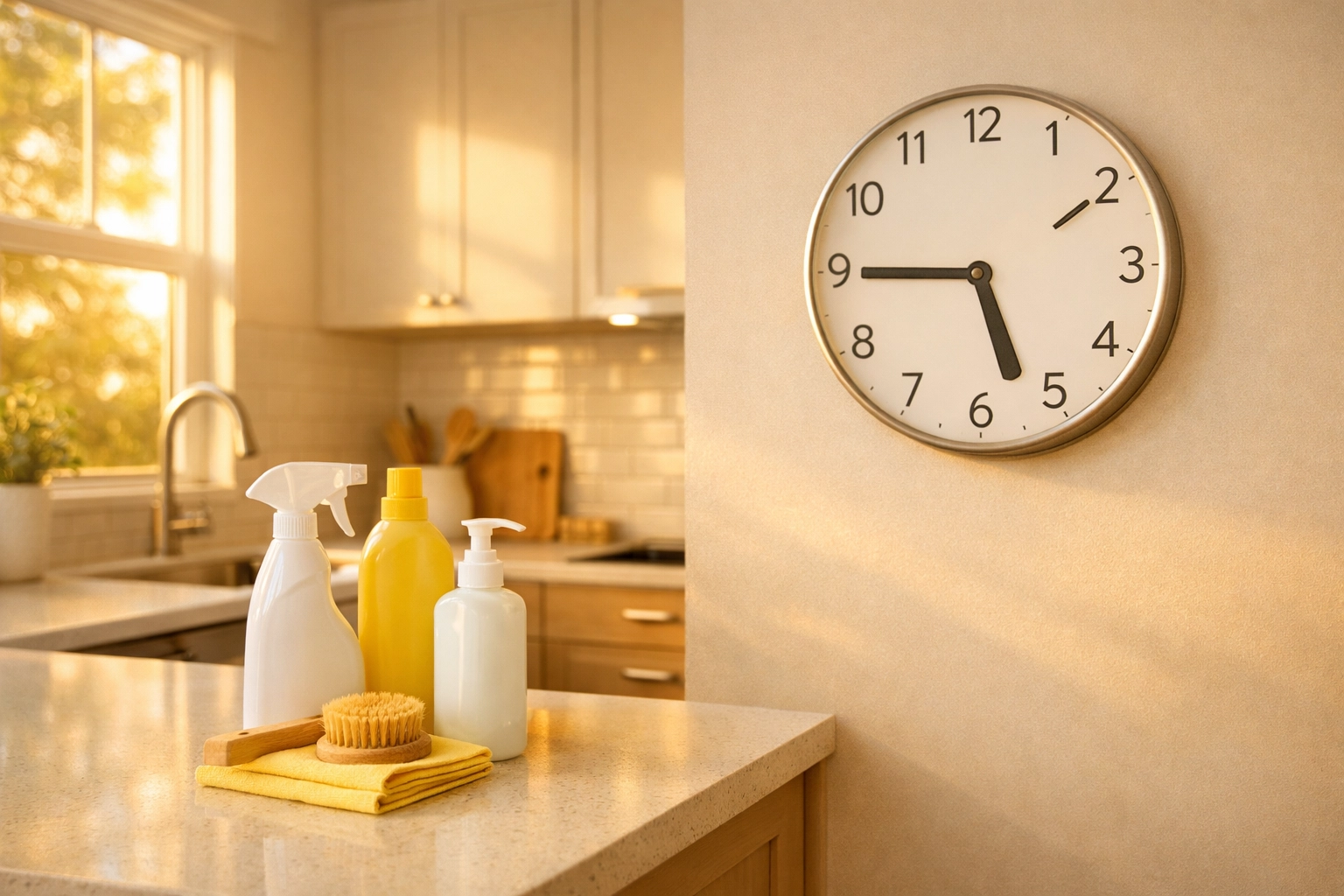 Clean Greenville kitchen with clock showing time saved by recurring house cleaning service