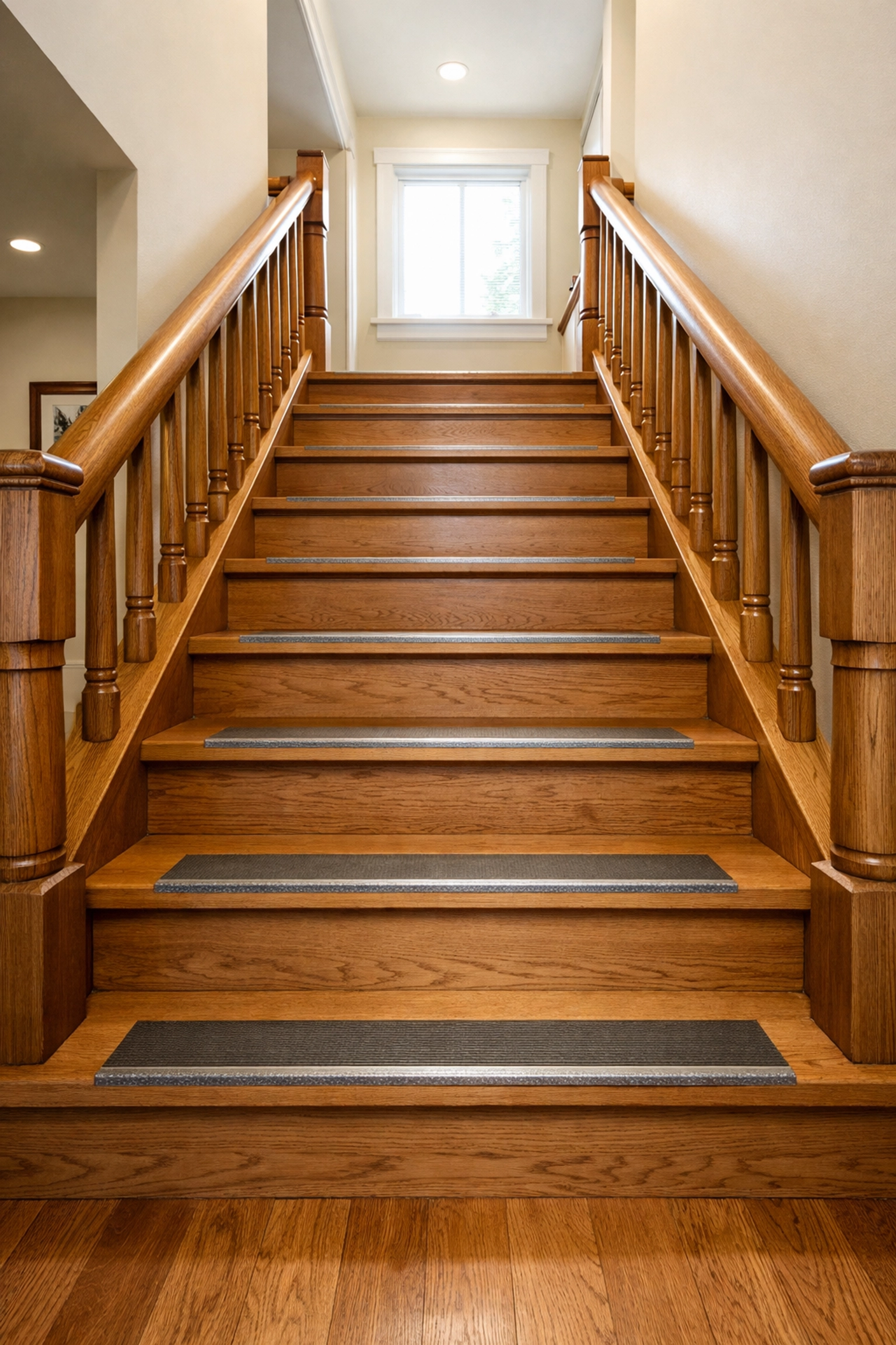 Wooden staircase with handrails on both sides and safety treads to improve stability and prevent stairway falls.