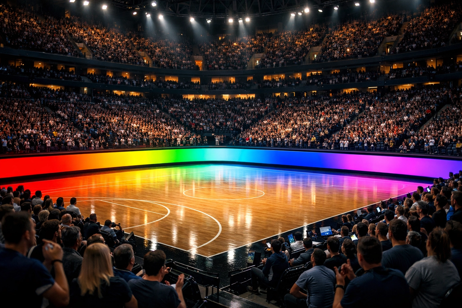 Strategic digital advertising displays along the perimeter of a high-energy professional sports arena.