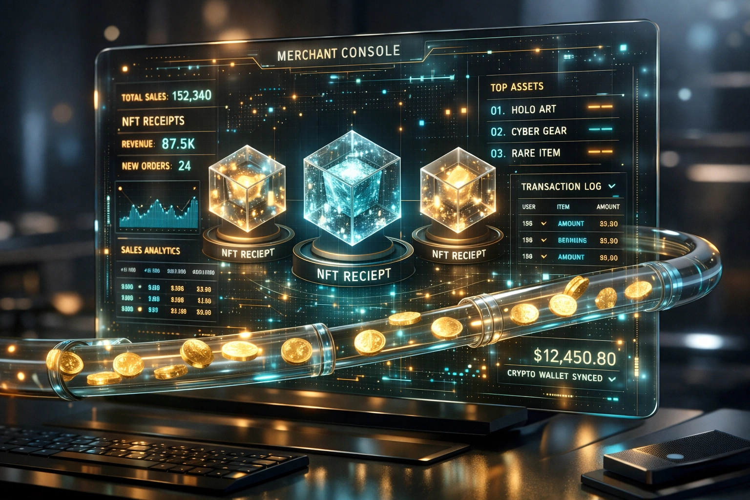 Larecoin merchant dashboard displaying holographic NFT receipts and secure LUSD payment settlement.