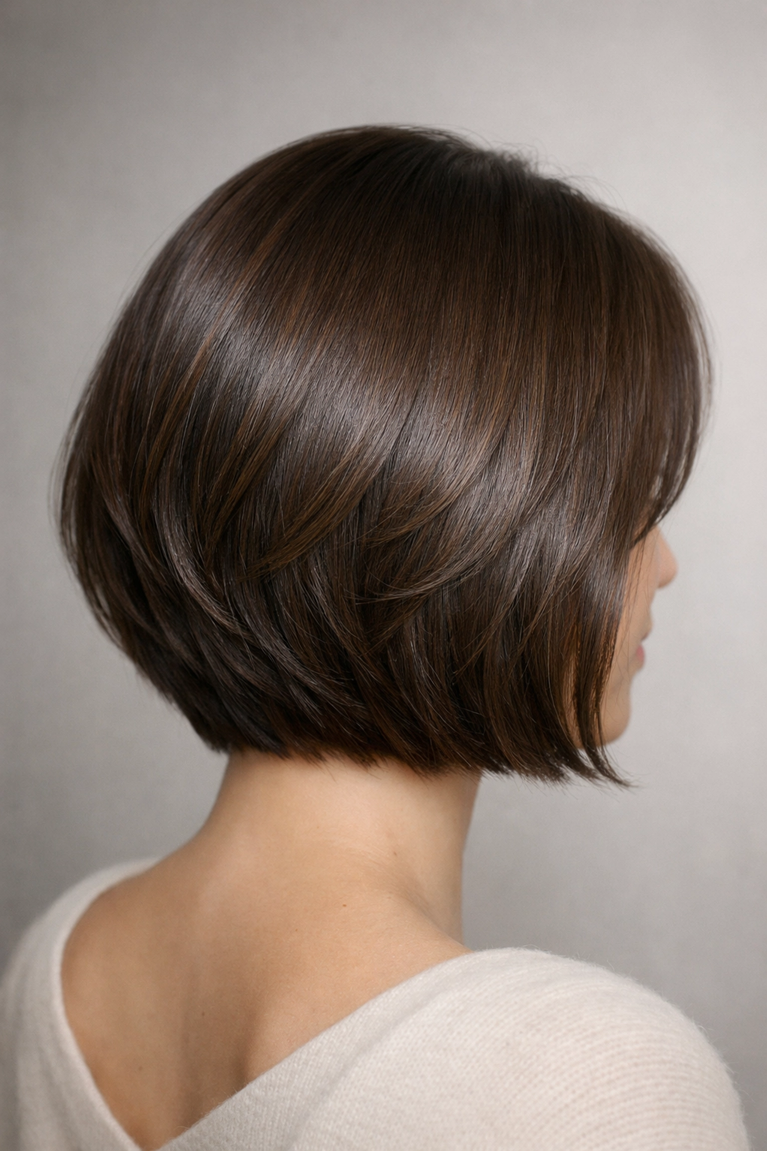 Rear view of a modern soft bob haircut highlighting healthy shine and layered texture.