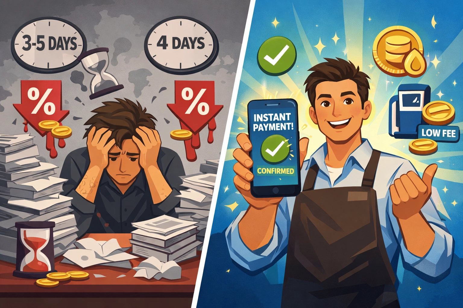 Traditional payment delays vs instant crypto settlement comparison for merchants