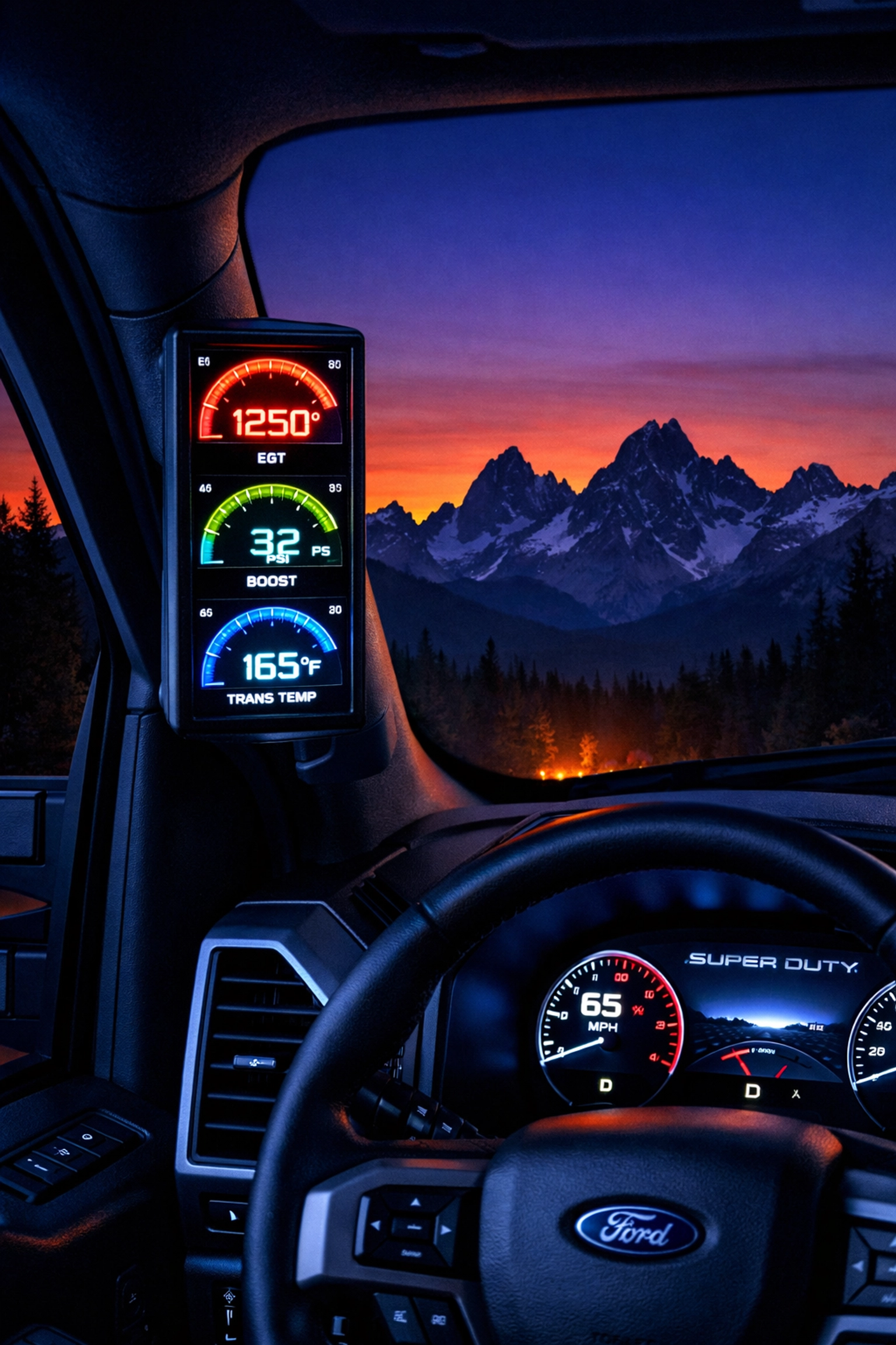 Digital performance monitor in a Ford Powerstroke tracking EGT and boost during mountain pass towing.