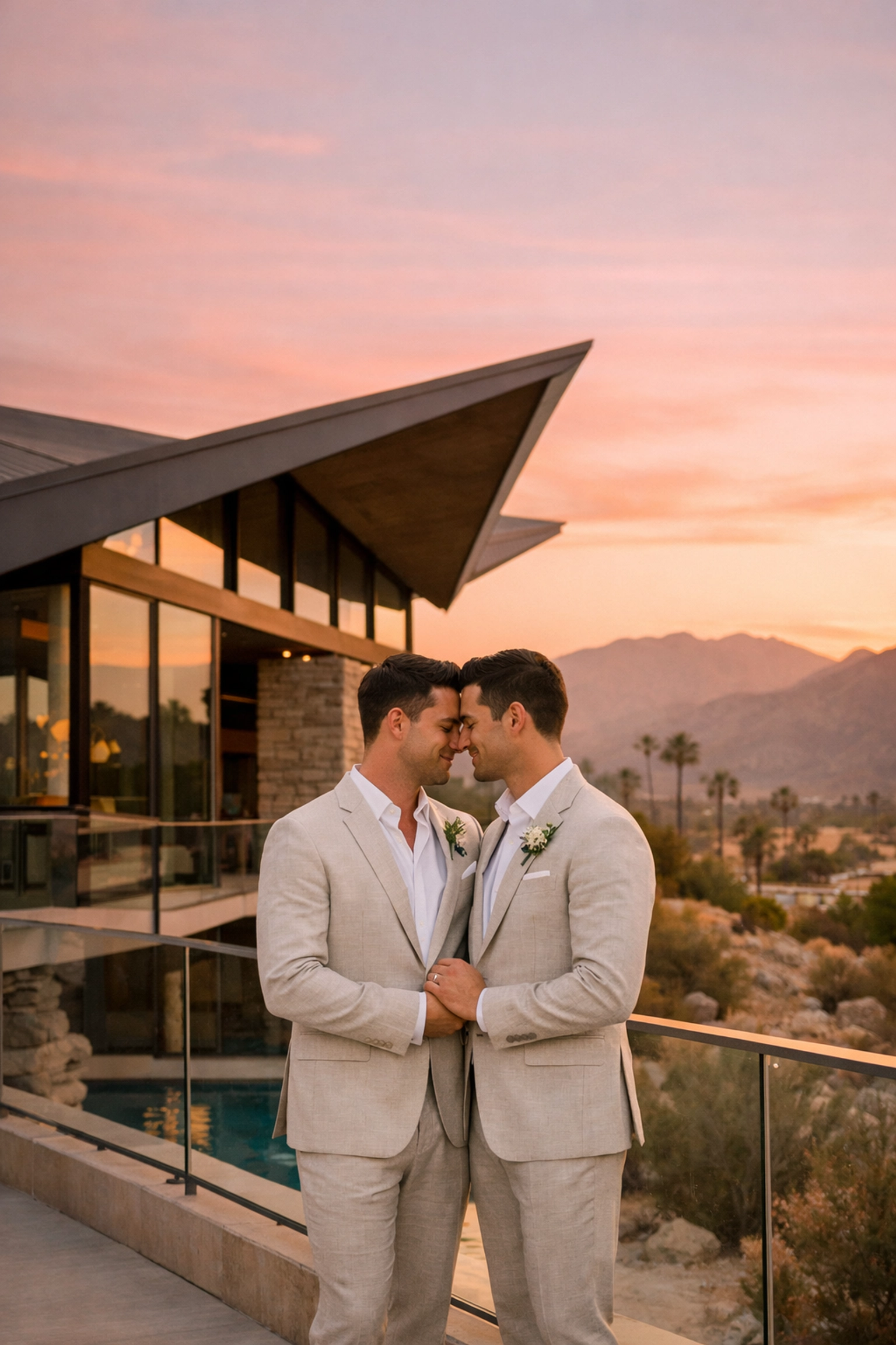 Two grooms in suits at Palm Springs mid-century modern wedding venue terrace during golden hour