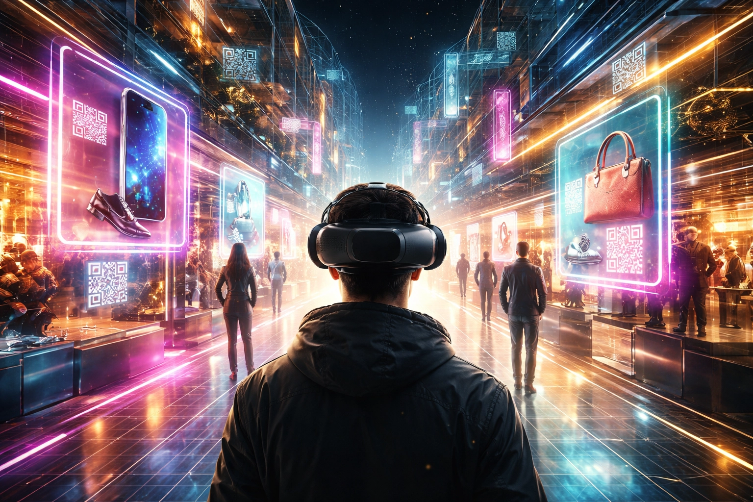 Person in VR headset shopping in a virtual mall, illustrating the future of social crypto payments and metaverse shopping with Larecoin.
