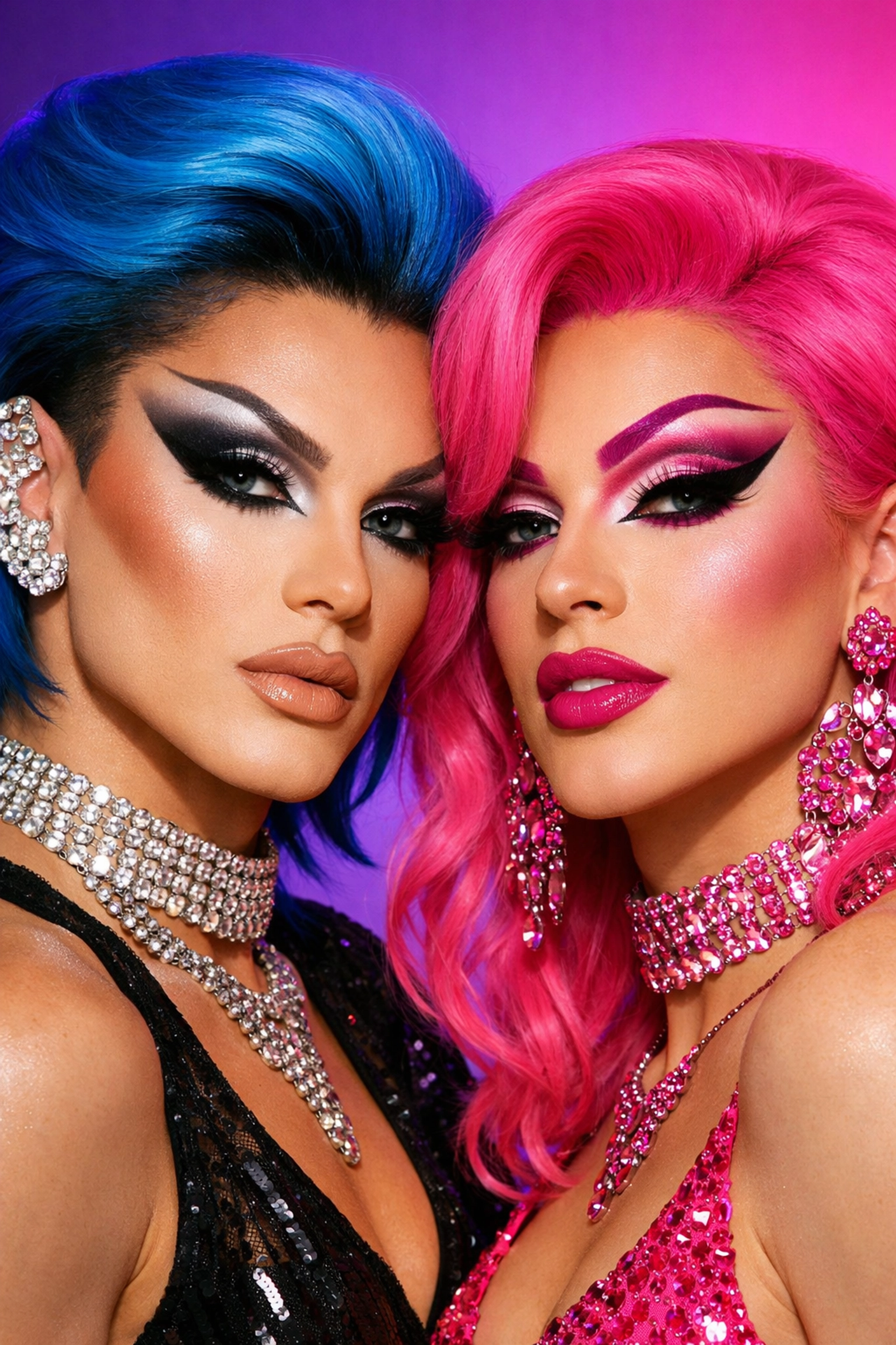 Two people showcasing bold drag-inspired makeup with neon hair and statement accessories