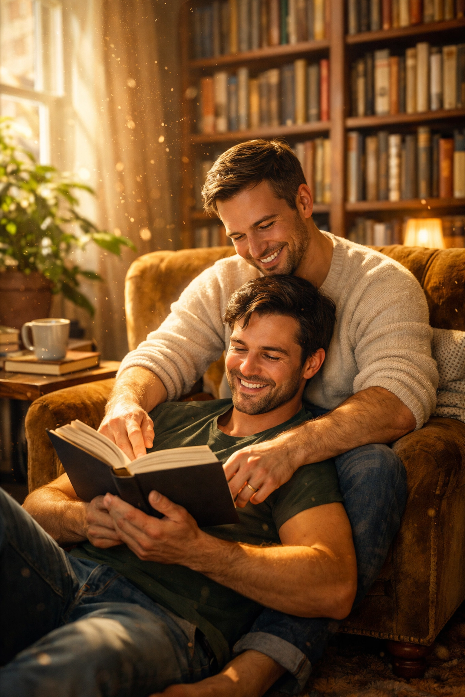 Two men reading together in a cozy home library, highlighting the joy of MM romance books and gay fiction.