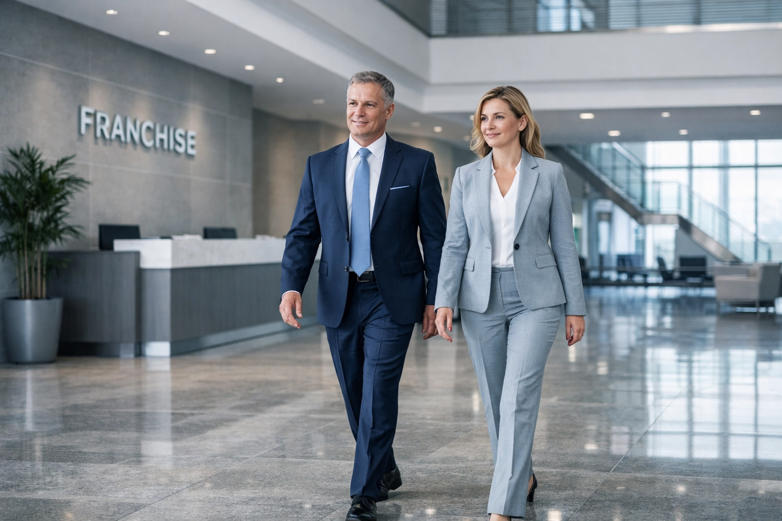Business professionals walking through a modern North Carolina franchise facility during an ownership transition.