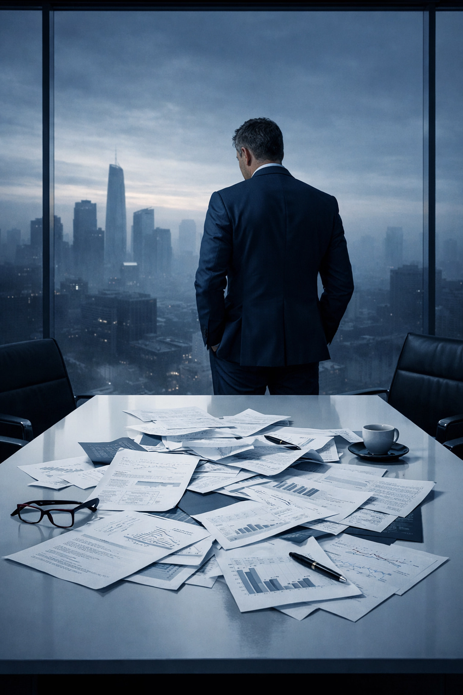 Sales manager reflecting on a failing sales strategy in a professional boardroom setting.