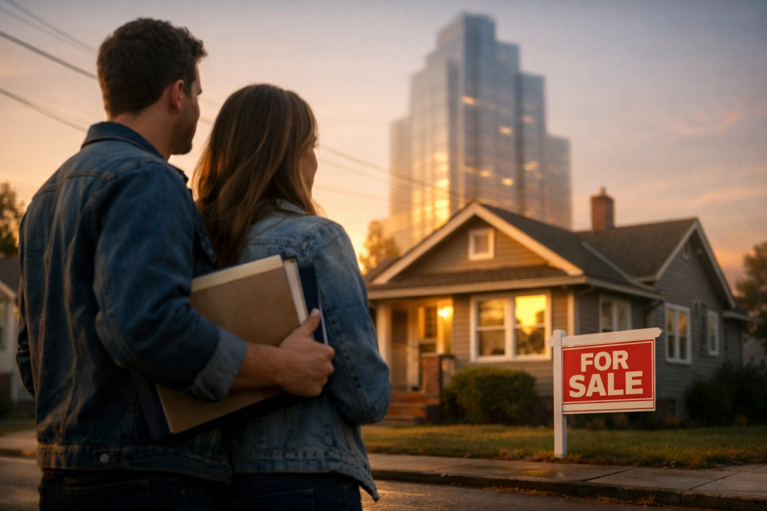 Young couple holding mortgage papers facing a housing affordability crisis in a suburban neighborhood.