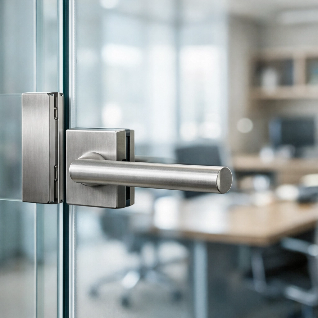 Detailed shot of a sanitized office door handle and crystal clear glass office partition.