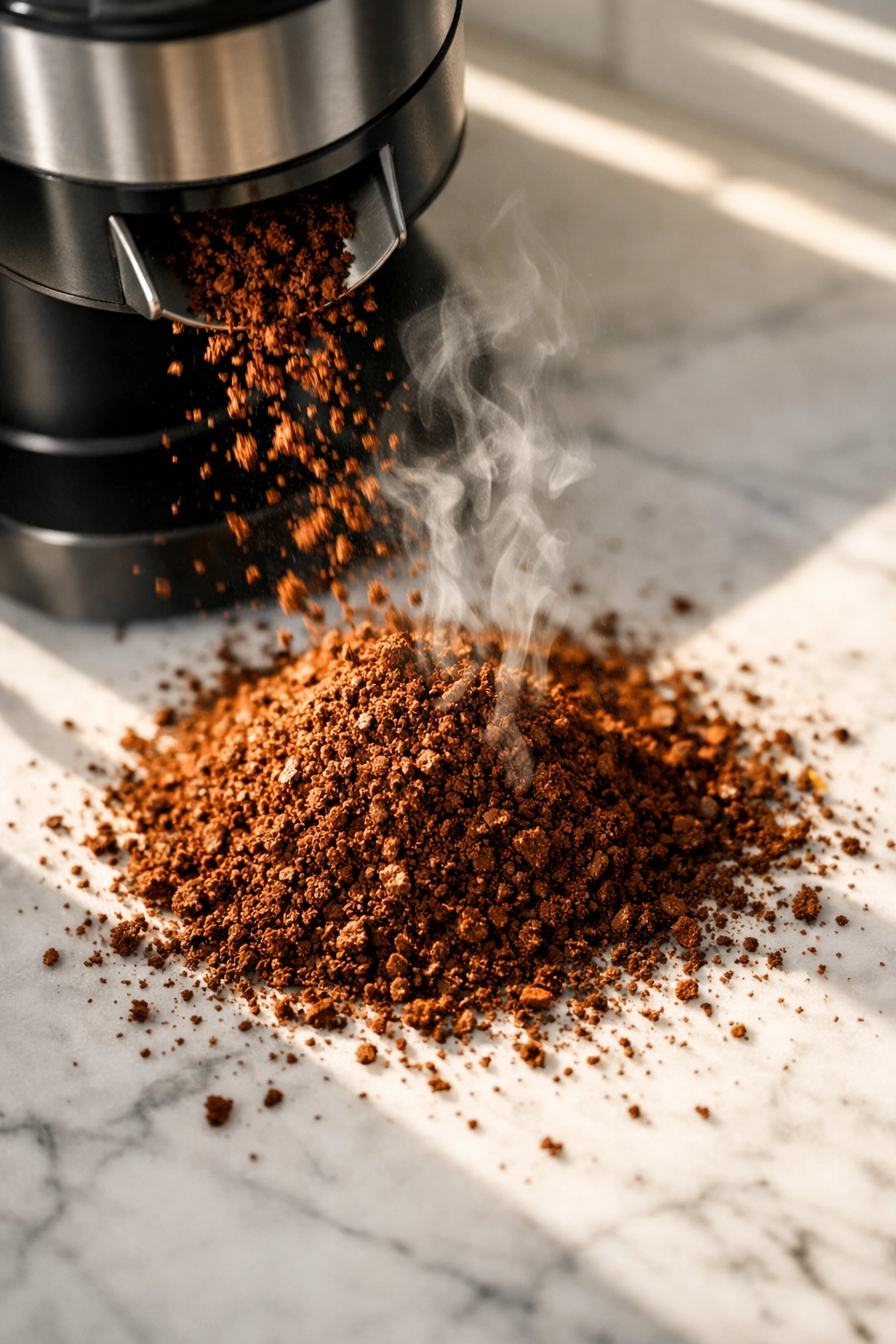 Freshly ground coffee beans from burr grinder for optimal home brewing