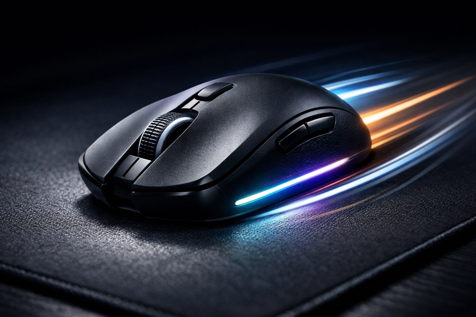 Ergonomic wireless gaming mouse with customizable buttons gliding on a dark mousepad.