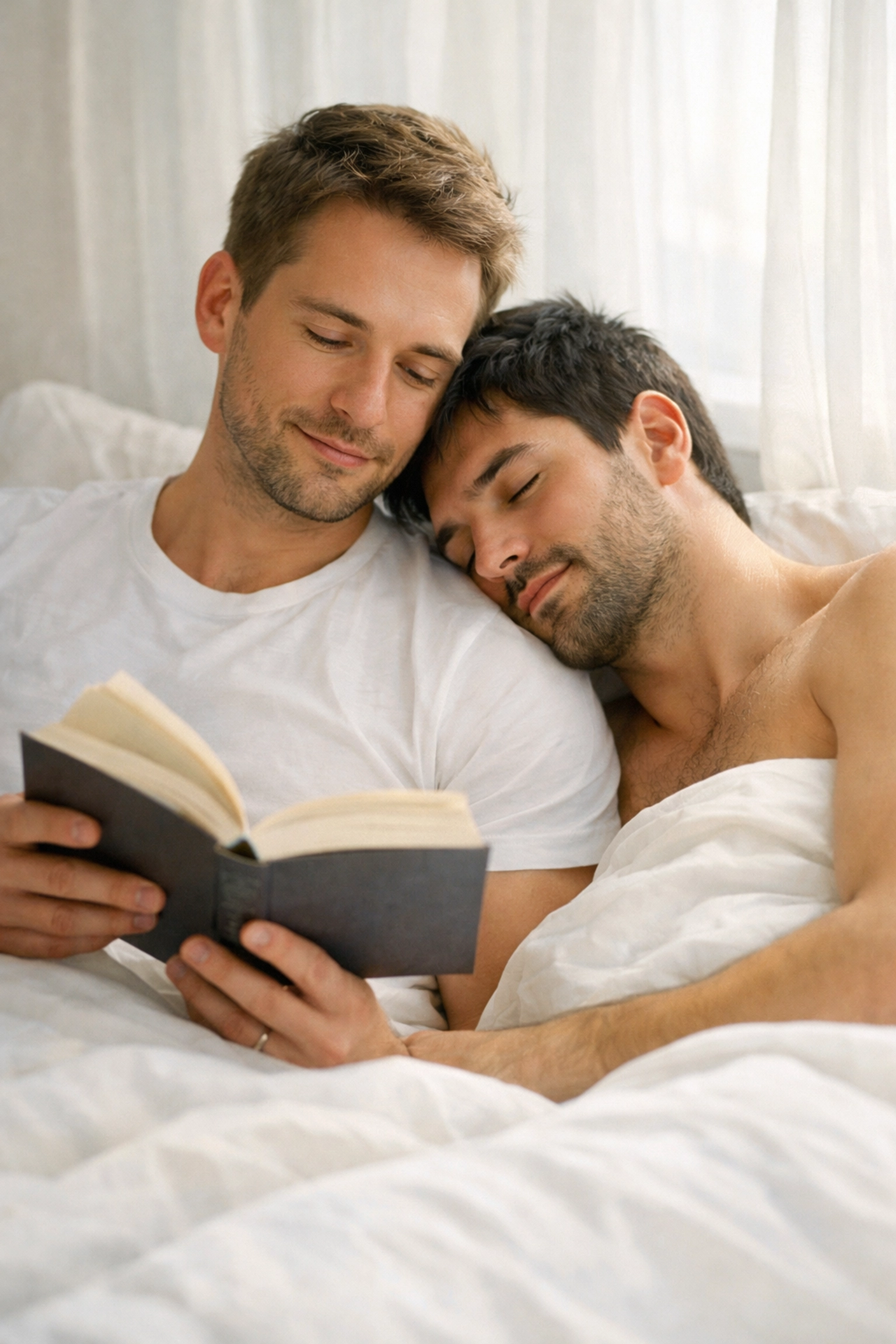 Gay couple sharing intimate morning moment reading together in bed