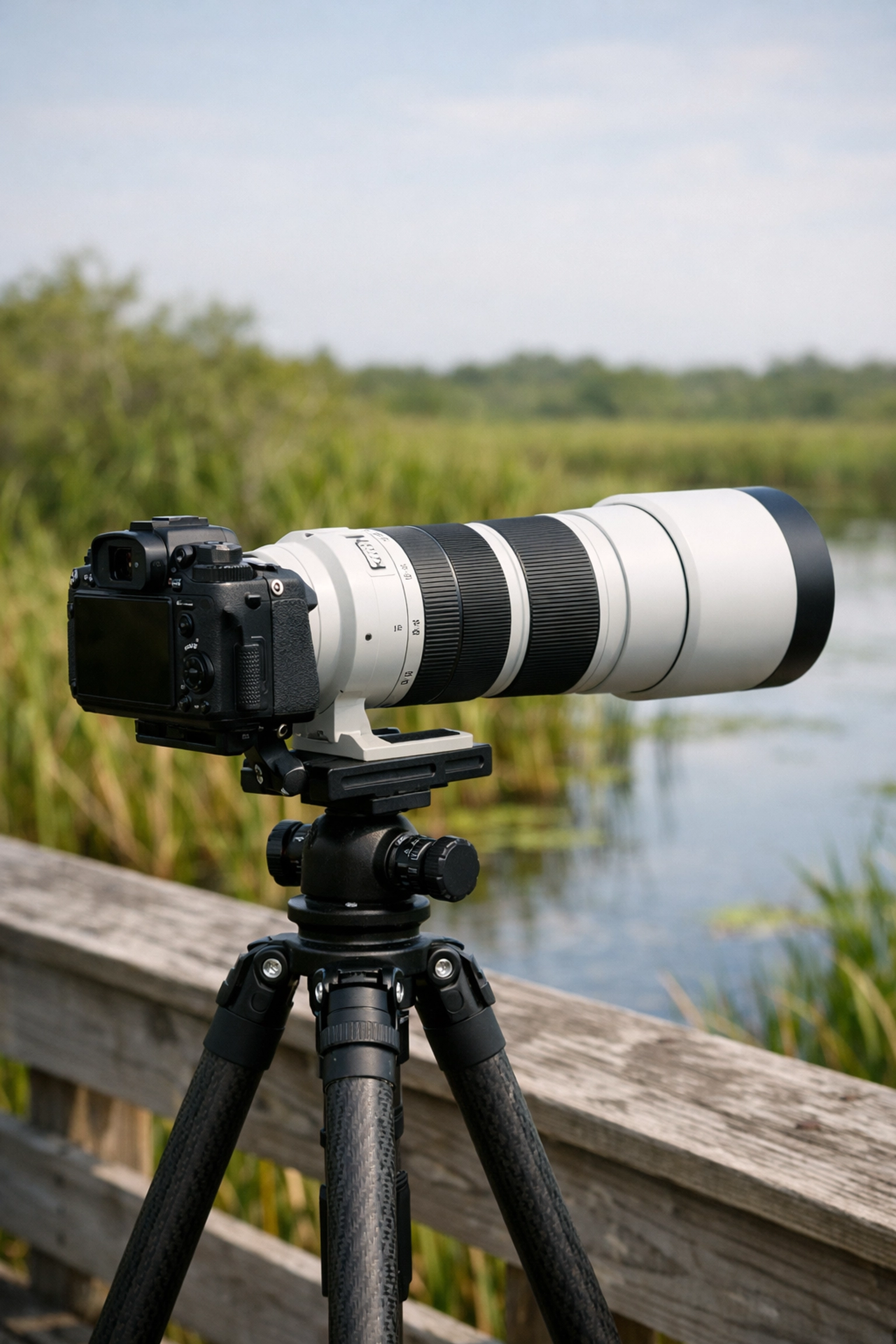 Professional camera with a telephoto lens on a tripod, essential gear for Everglades wildlife photography.