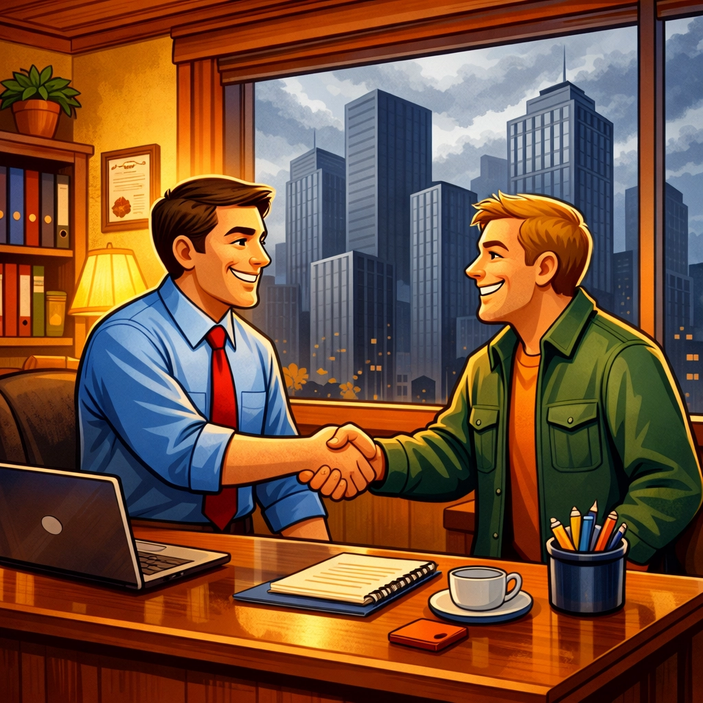 A professional handshake in a local office representing trust and efficient SME enquiry management.