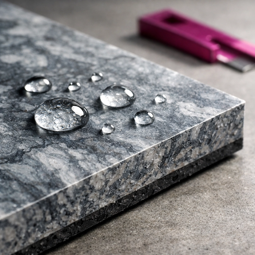 Waterproof 100% recycled plastic sheet with a marbled texture for durable construction applications.