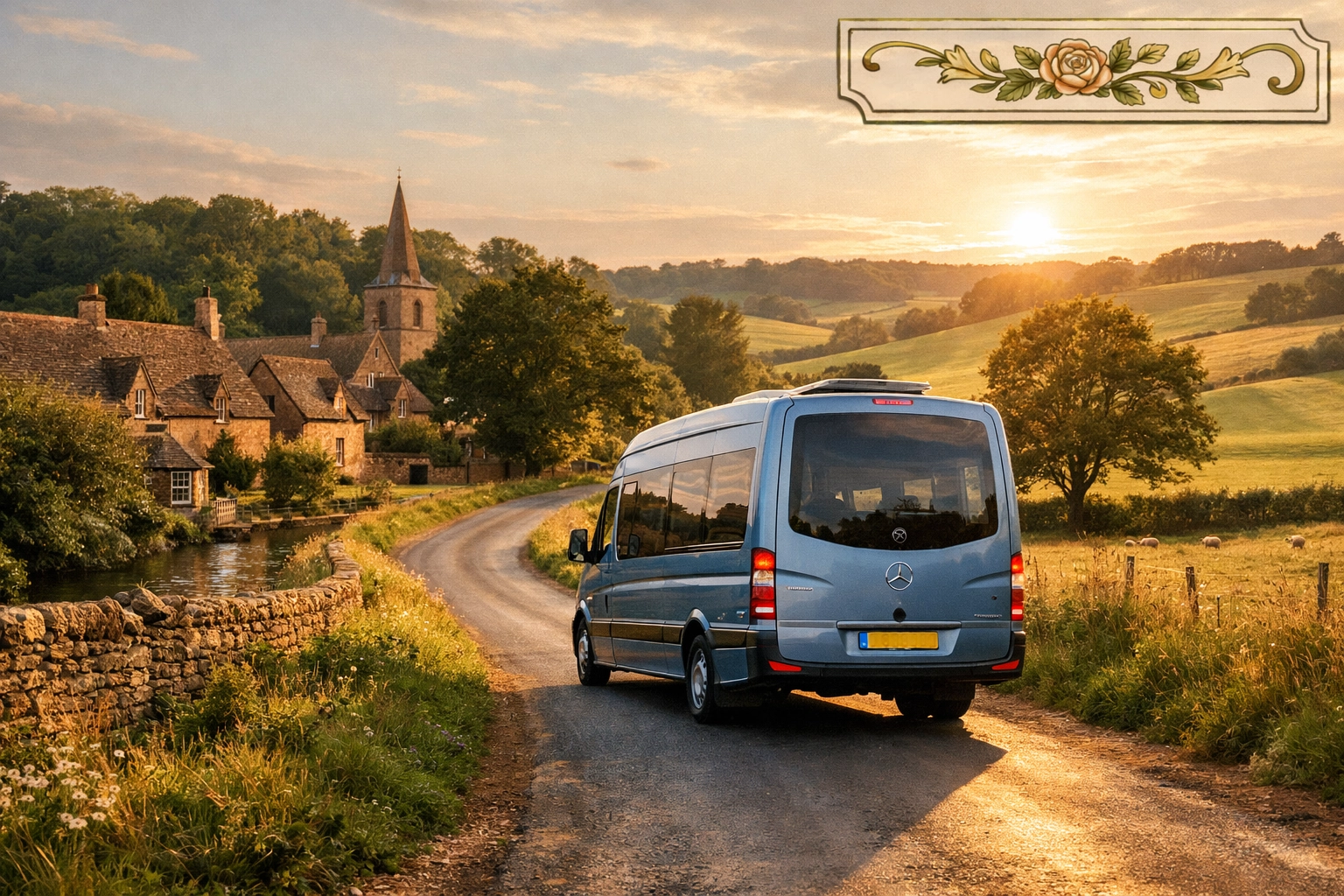 Shakespeare Coaches minibus driving through the scenic green hills of the Cotswolds near Lower Slaughter.