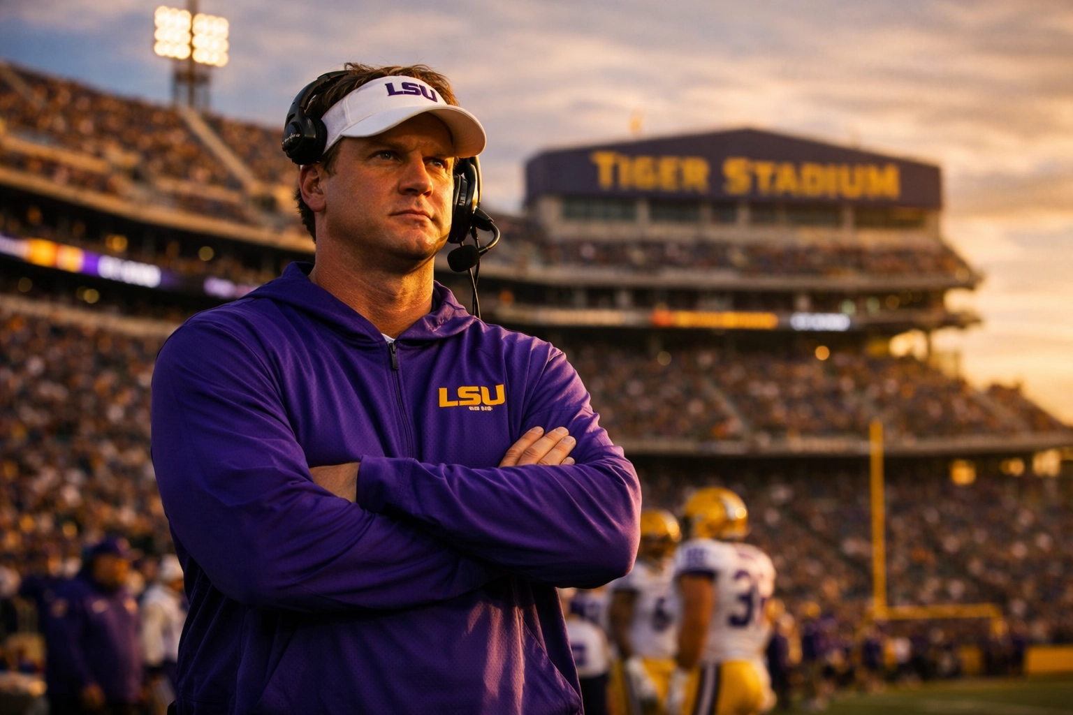 Lane Kiffin on LSU sideline at Tiger Stadium coaching the Tigers