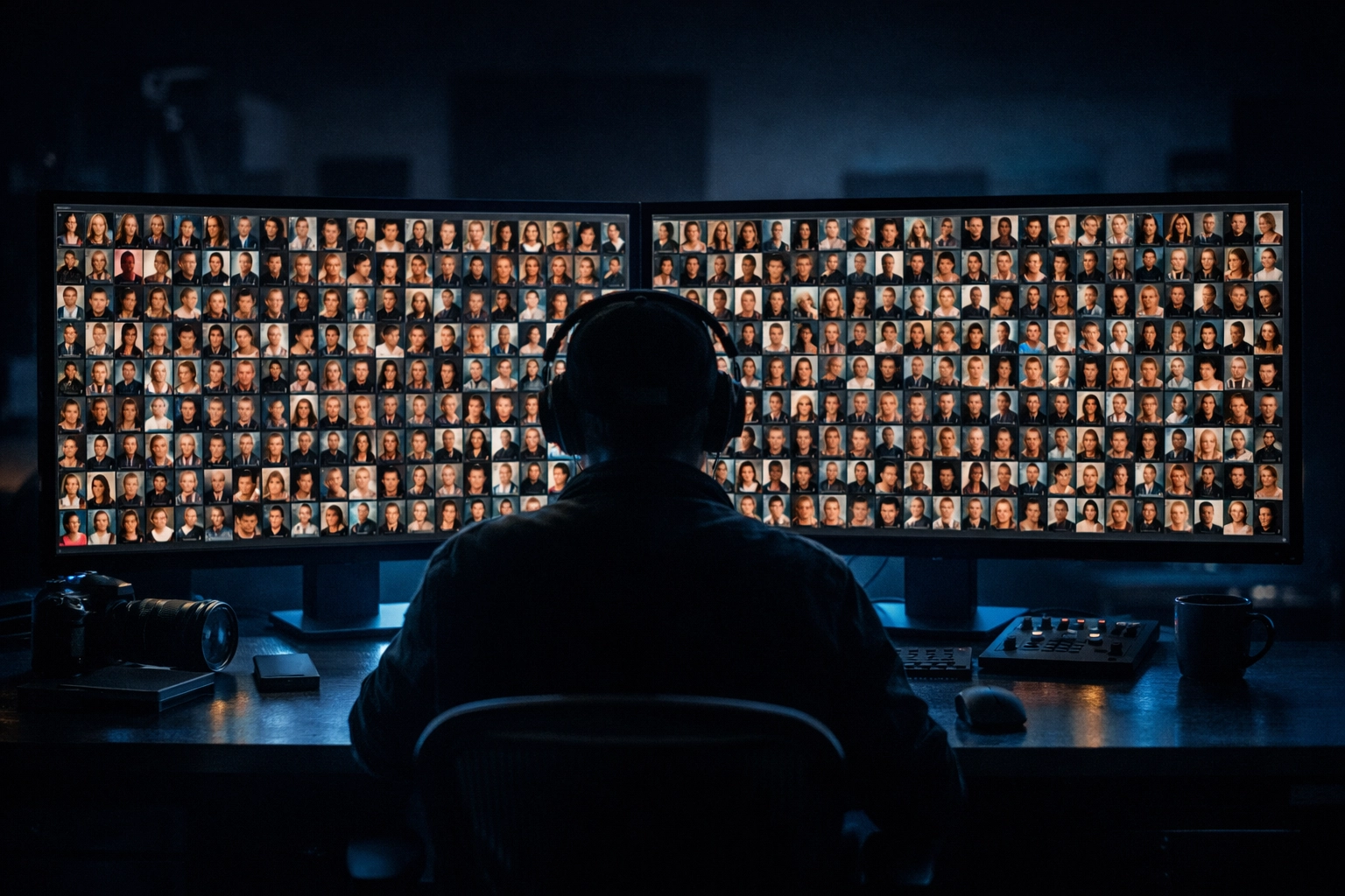 A photographer using batch processing to optimize a large image gallery in a professional editing suite.