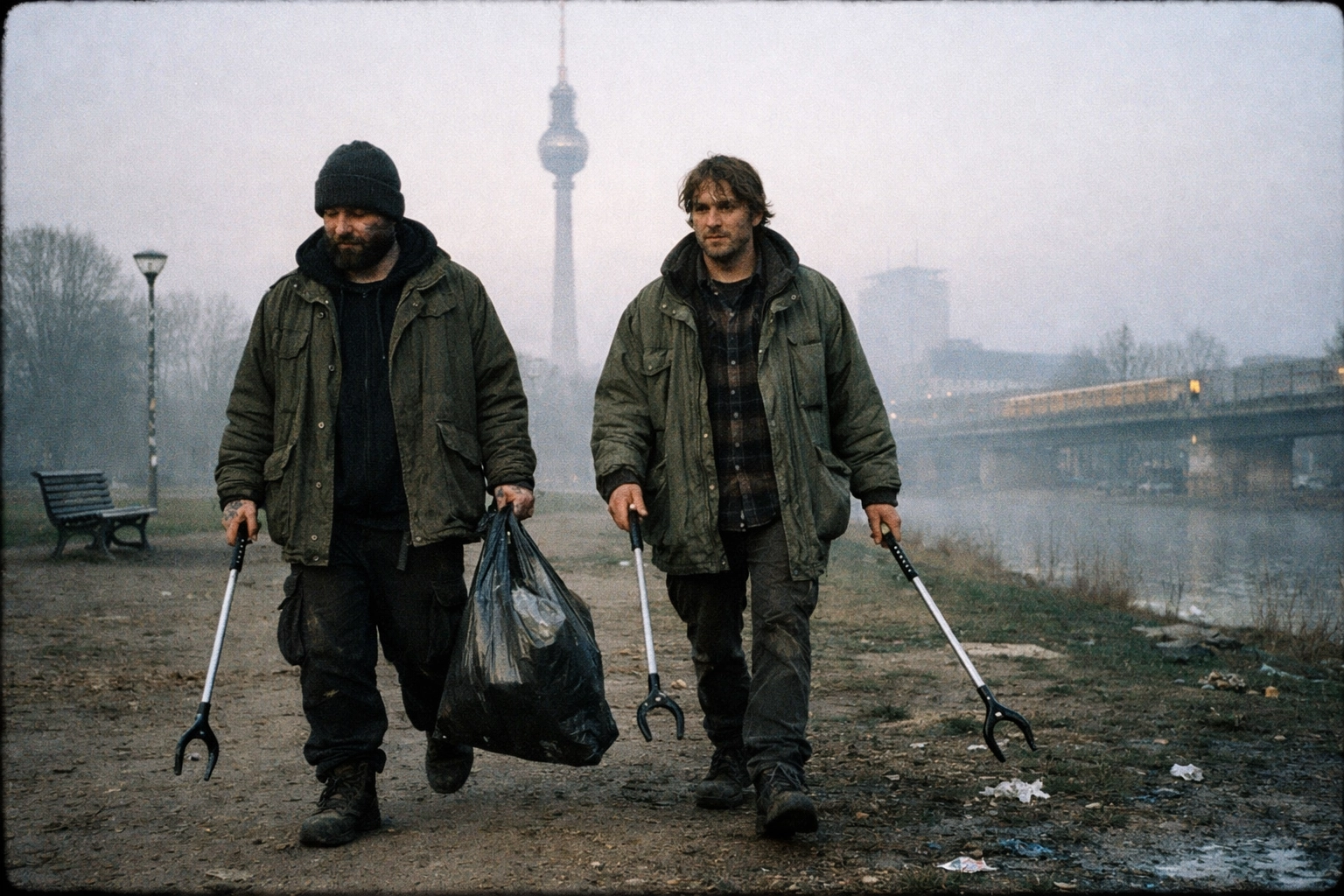 Berlin locals volunteering as Kehrenbürger trash pickers in a misty city park.