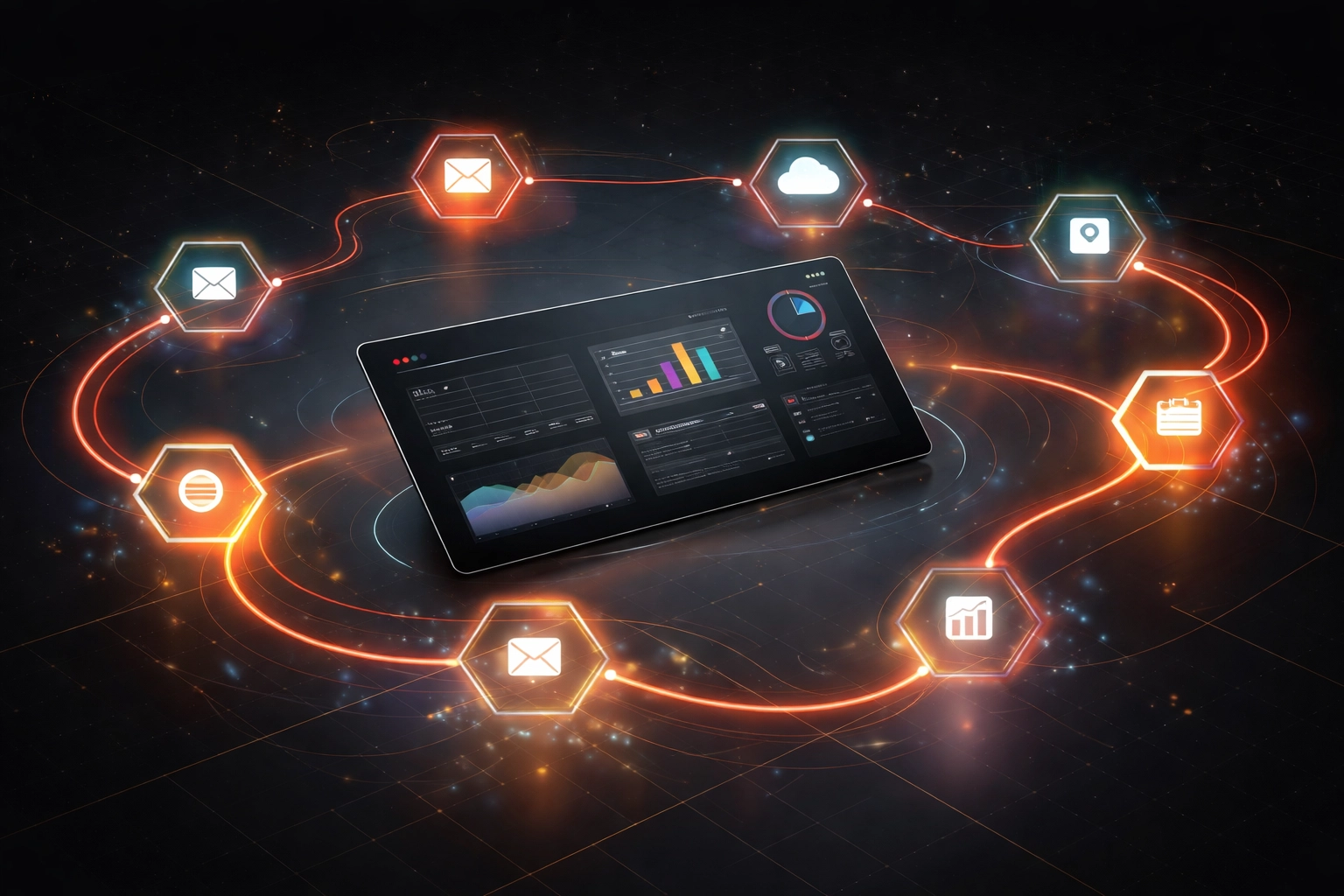 Automated dashboard with connected workflow icons illustrating business process automation tools