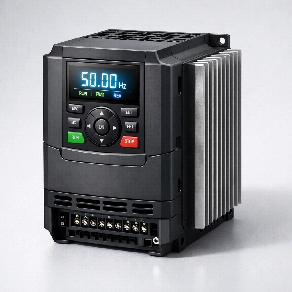 Industrial VFD unit for precise CNC spindle speed control and single phase to three phase power conversion.