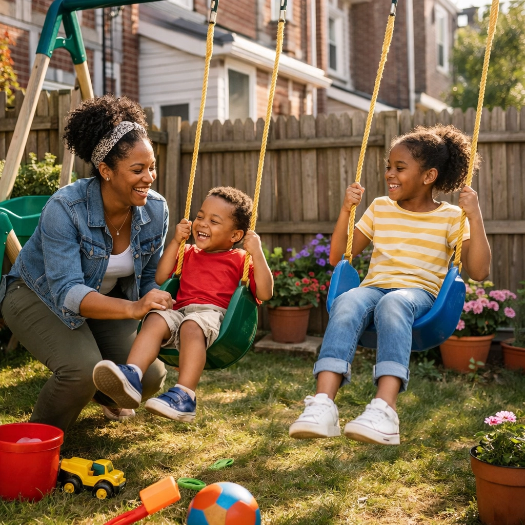 Children playing in backyard of affordable Philadelphia rowhome