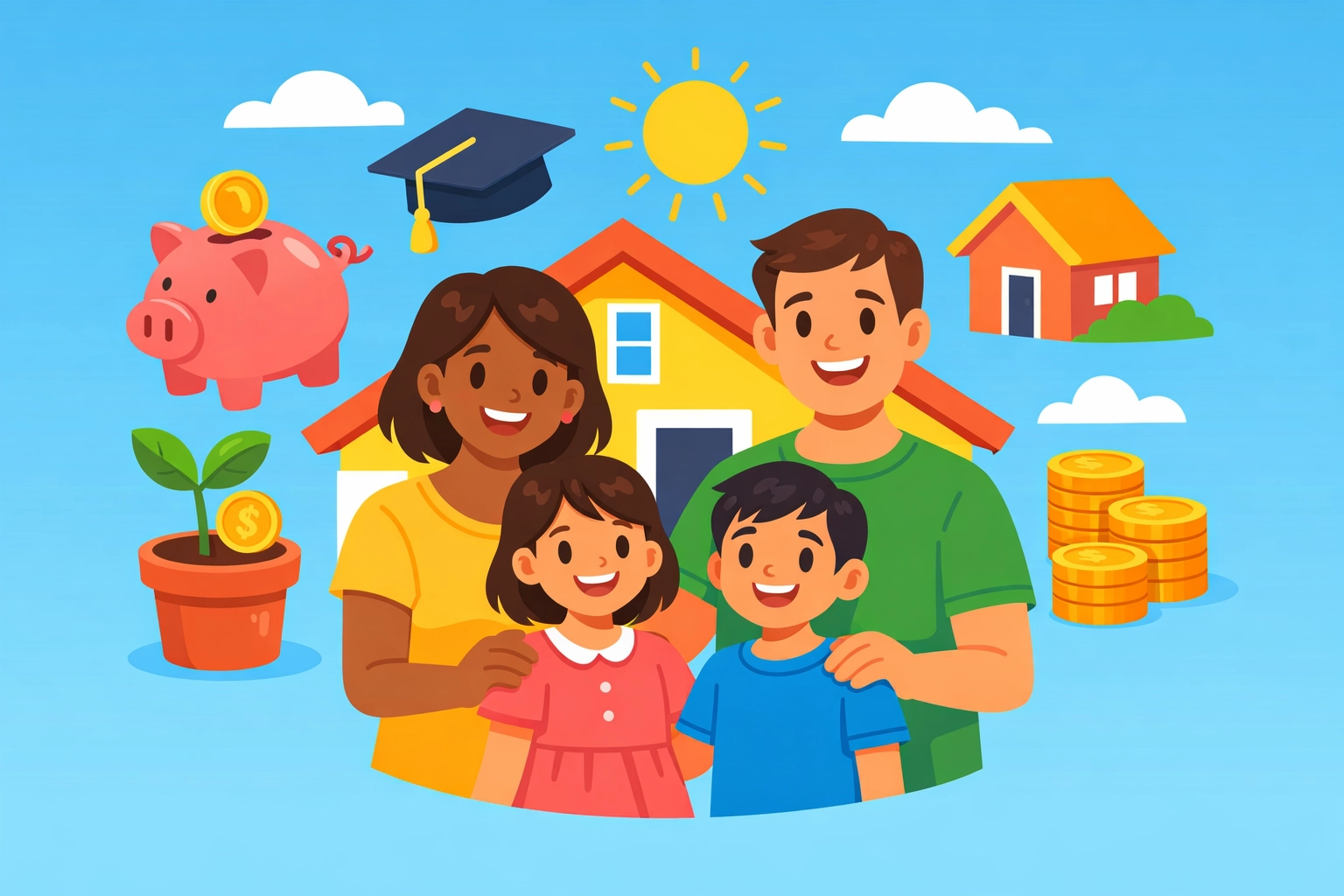 Family standing together with wealth-building symbols like piggy bank and house for generational wealth
