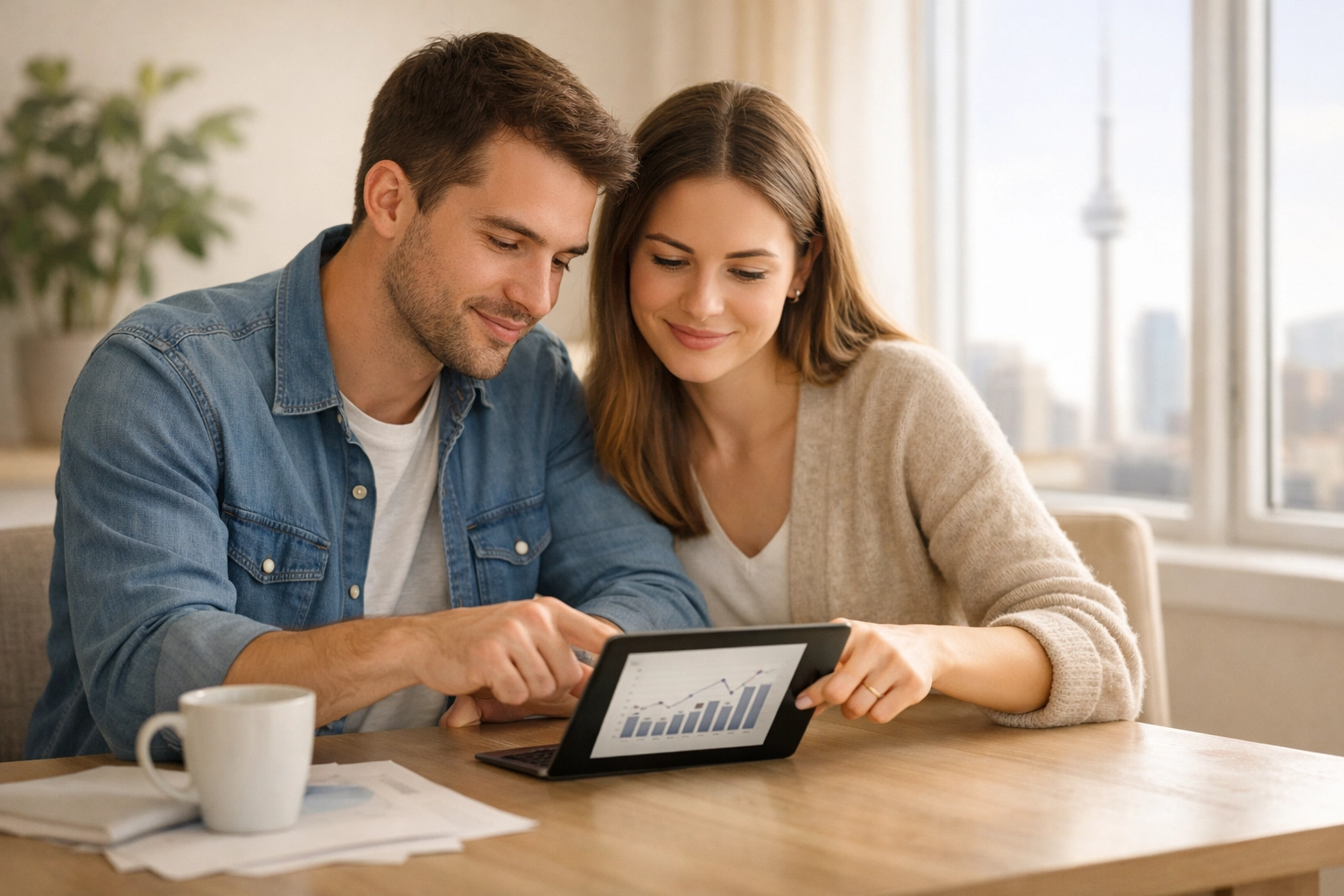 Couple in Toronto reviewing options for installment loans in Canada on a tablet.