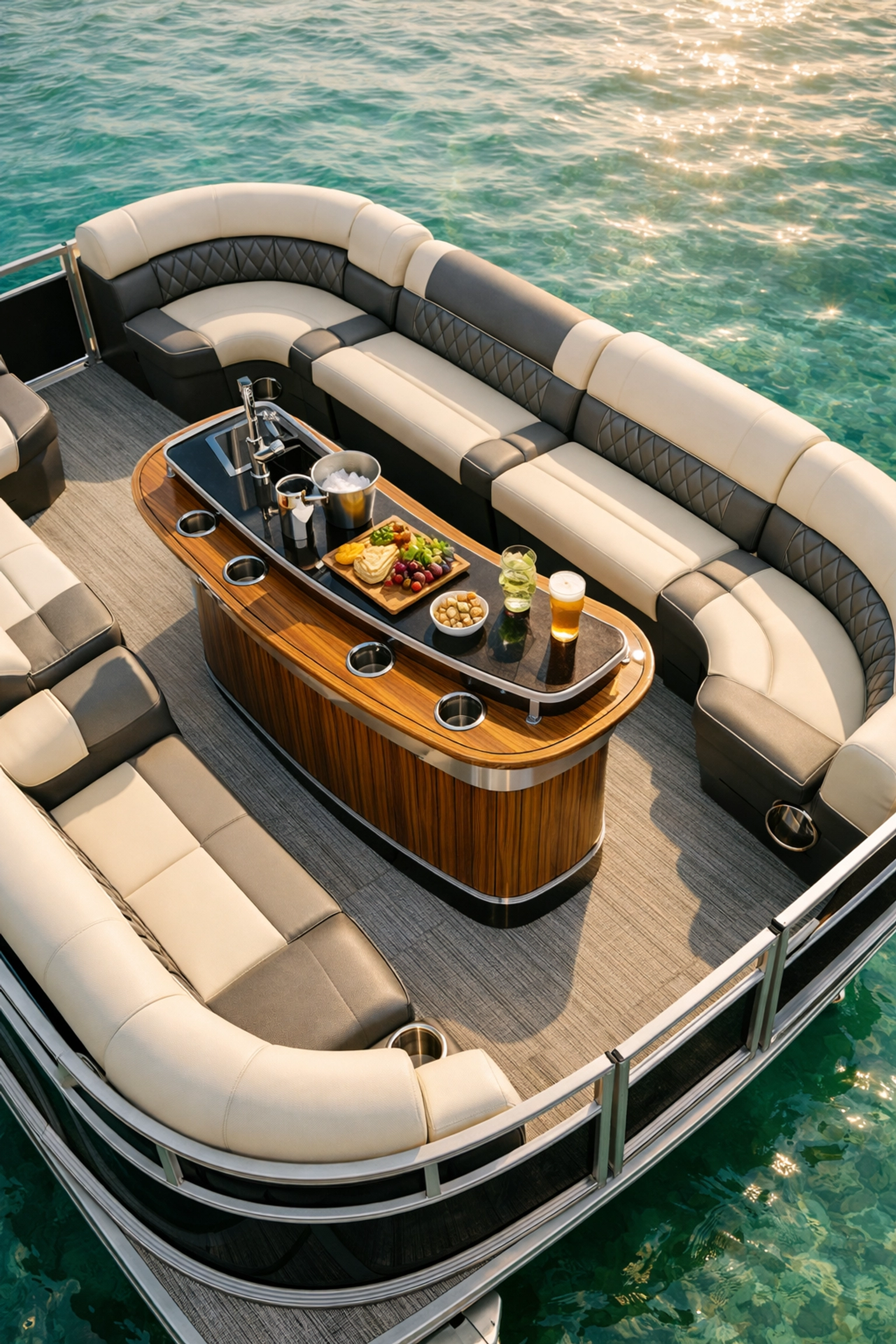 Custom luxury pontoon deck layout with high-end vinyl seating and a built-in teak wood snack bar.