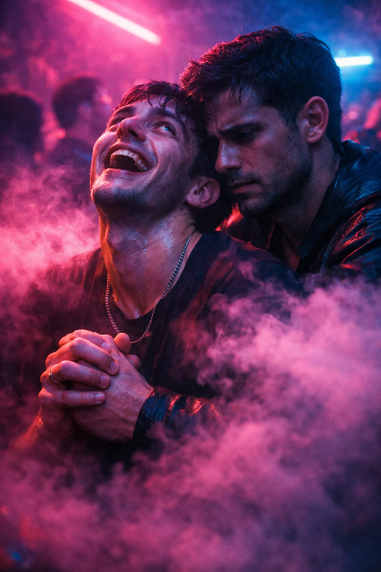 Two gay men in a neon club highlighting the dark side of addiction and lost connection in the gay scene.