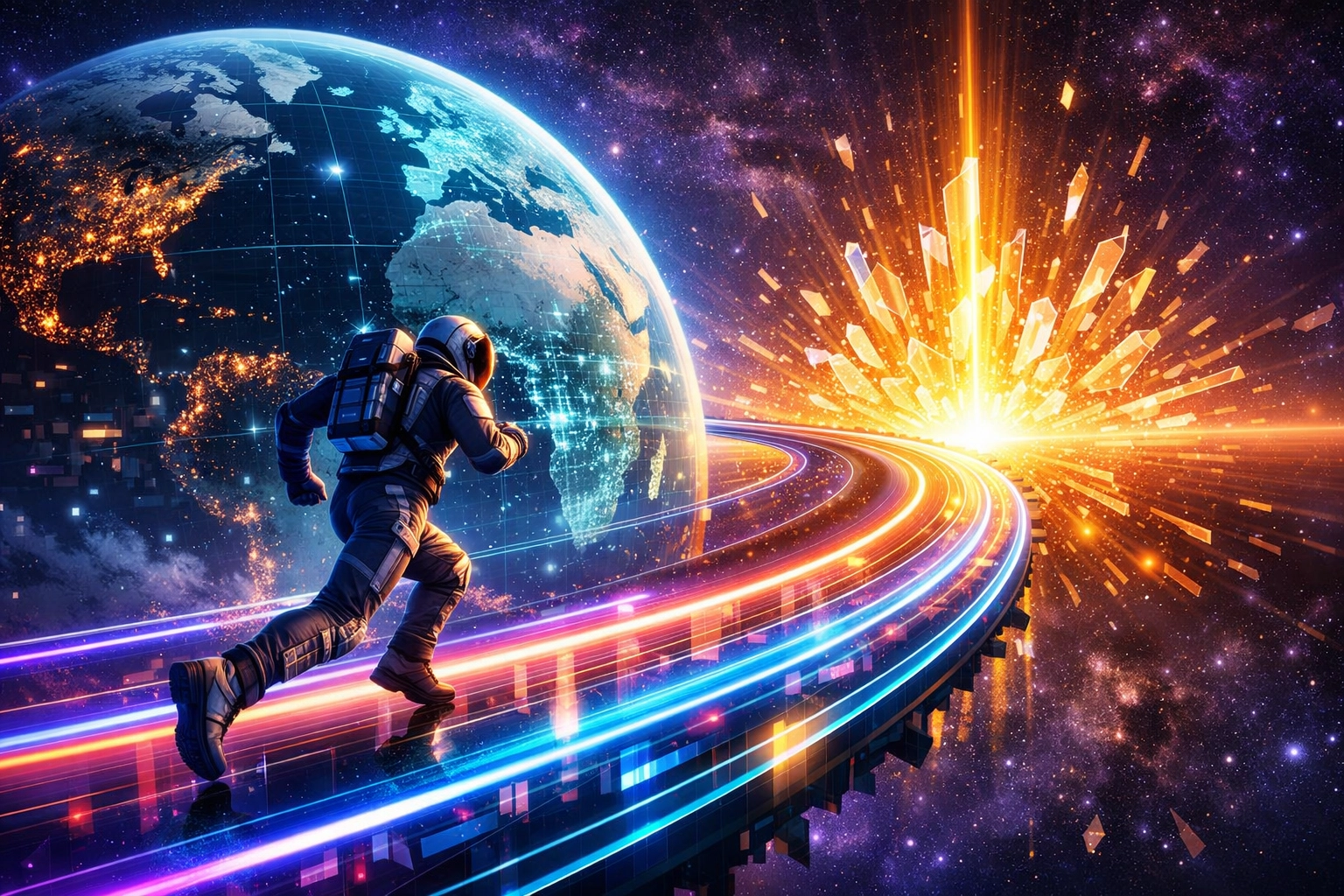 An astronaut running toward a digital horizon, symbolizing the Larecoin marathon for LUSD and Web3 global payments.