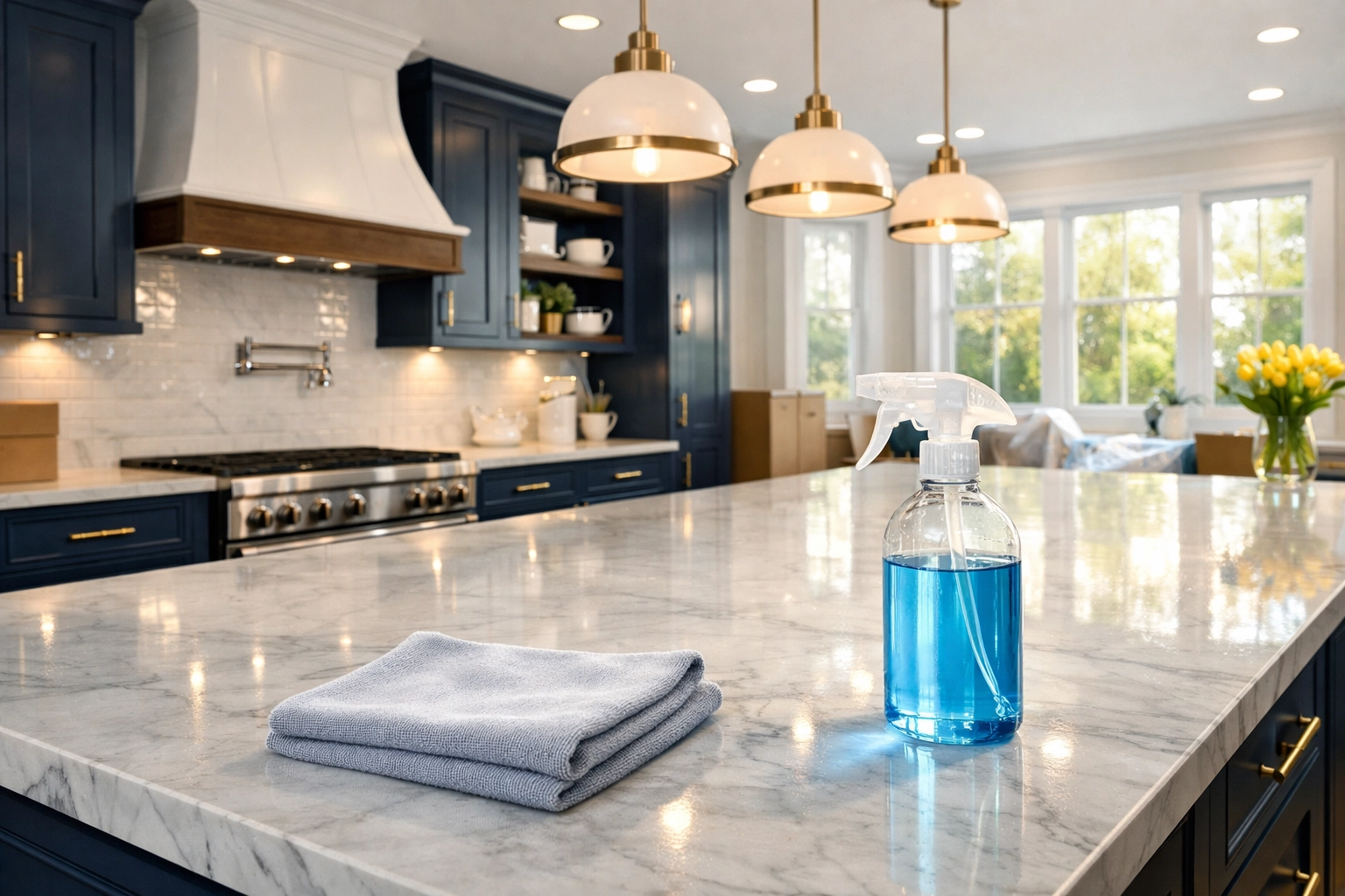 Luxury Massachusetts kitchen after the final polish phase of post-construction cleaning for a move-in ready finish.