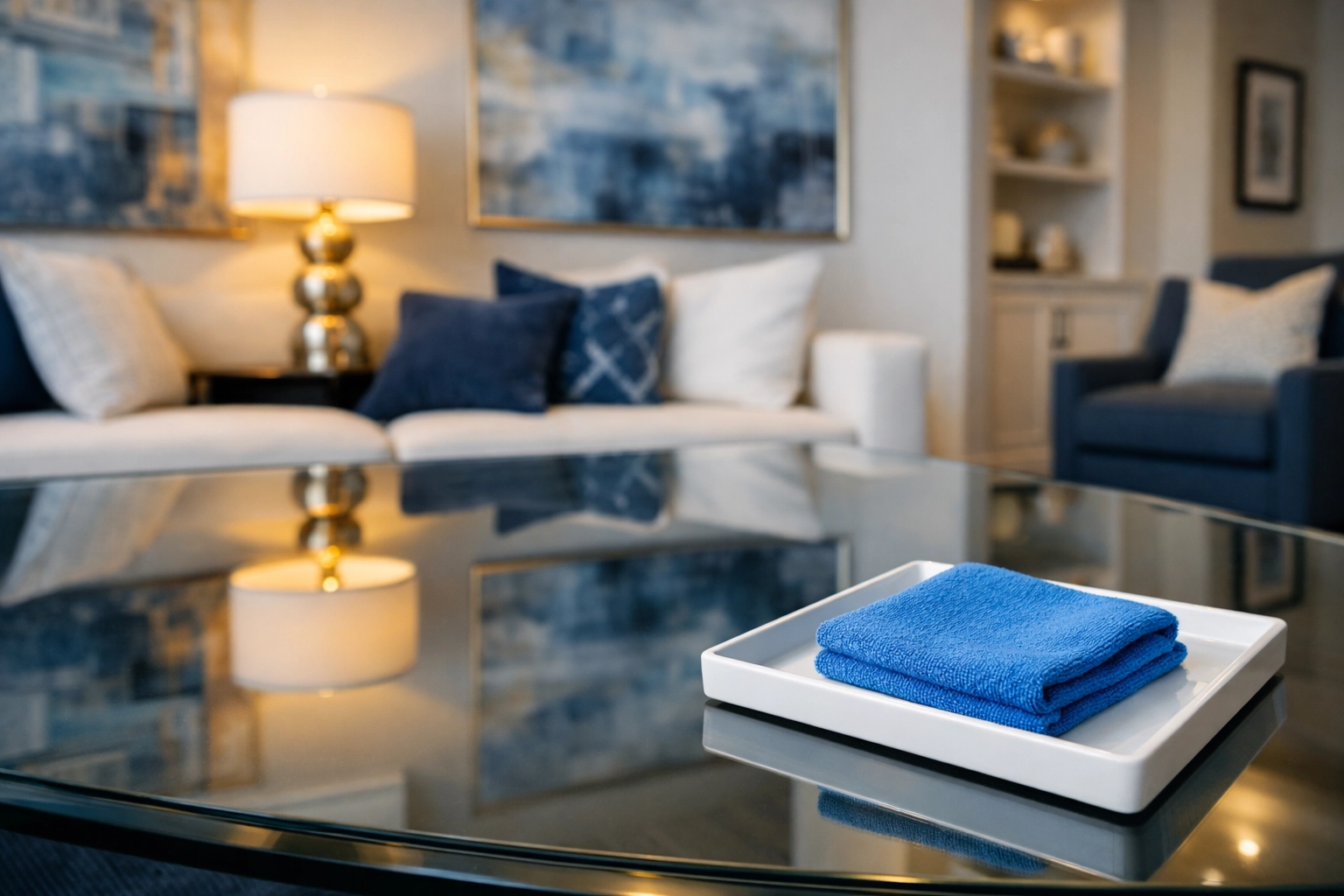 A streak-free glass coffee table cleaned with microfiber in a modern, dust-free living room.