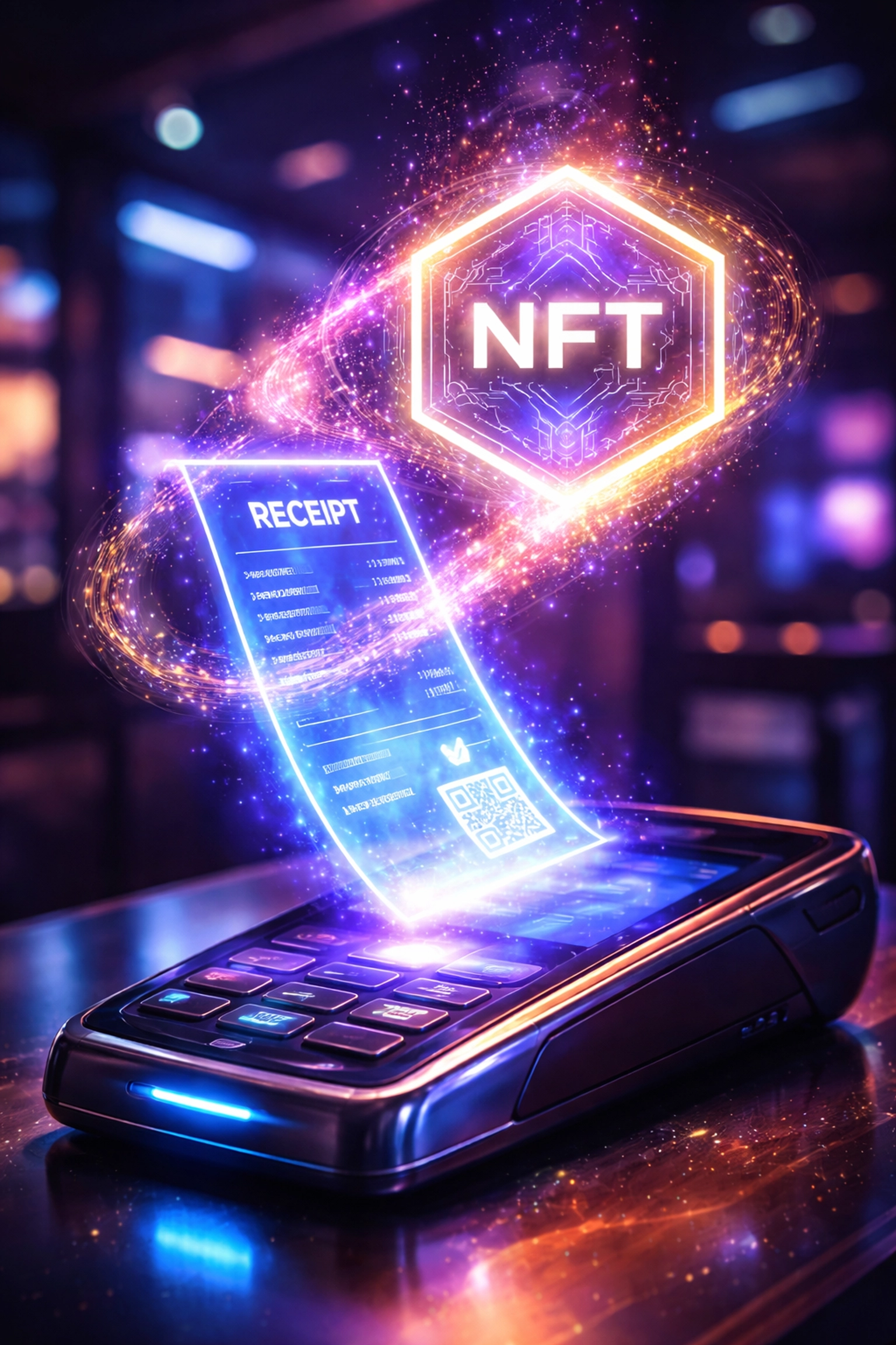 A glowing holographic receipt transforms into an NFT token above a POS terminal, symbolizing Larecoin’s innovative NFT receipts for secure crypto payments.