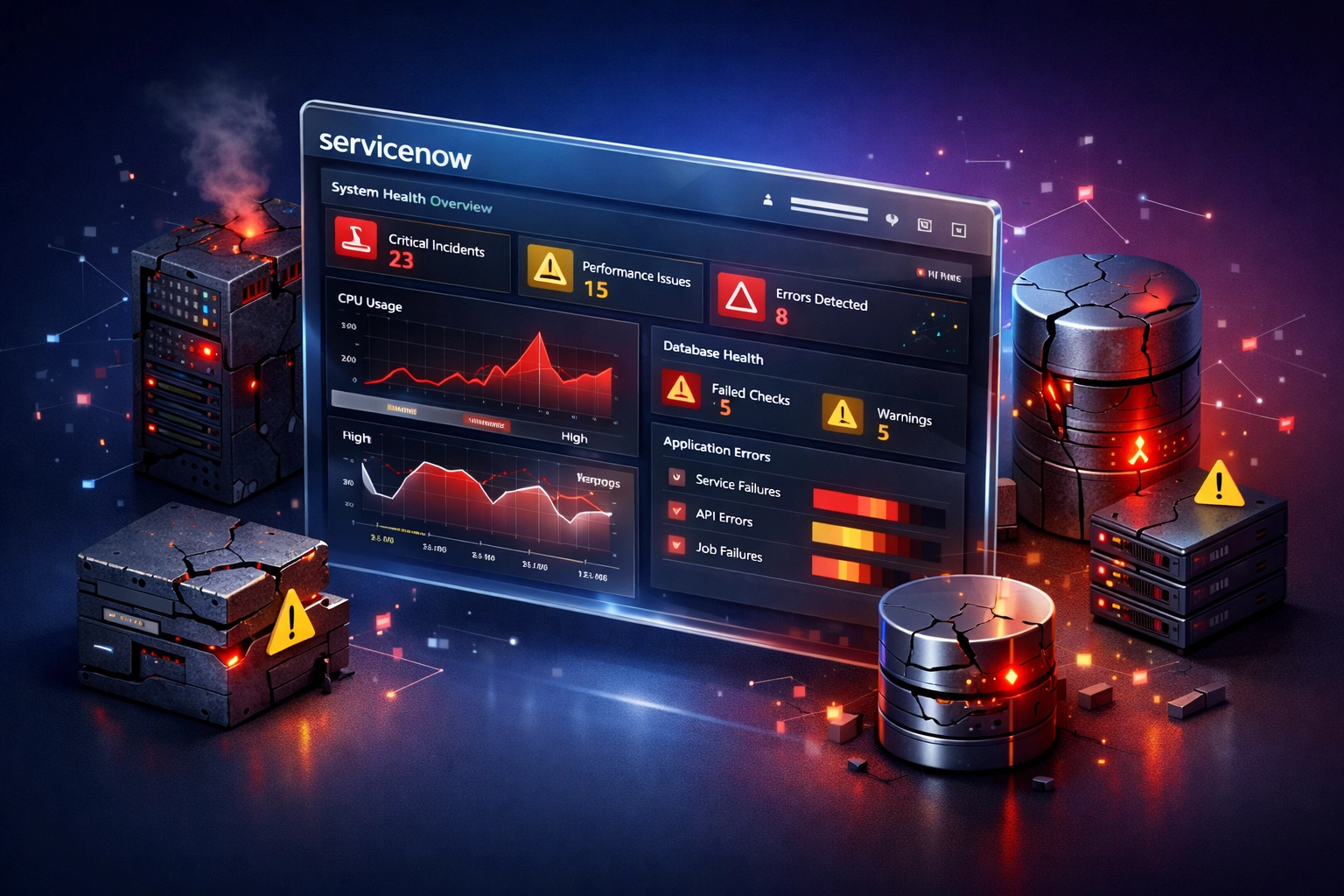 ServiceNow platform dashboard displaying technical health metrics and warning indicators