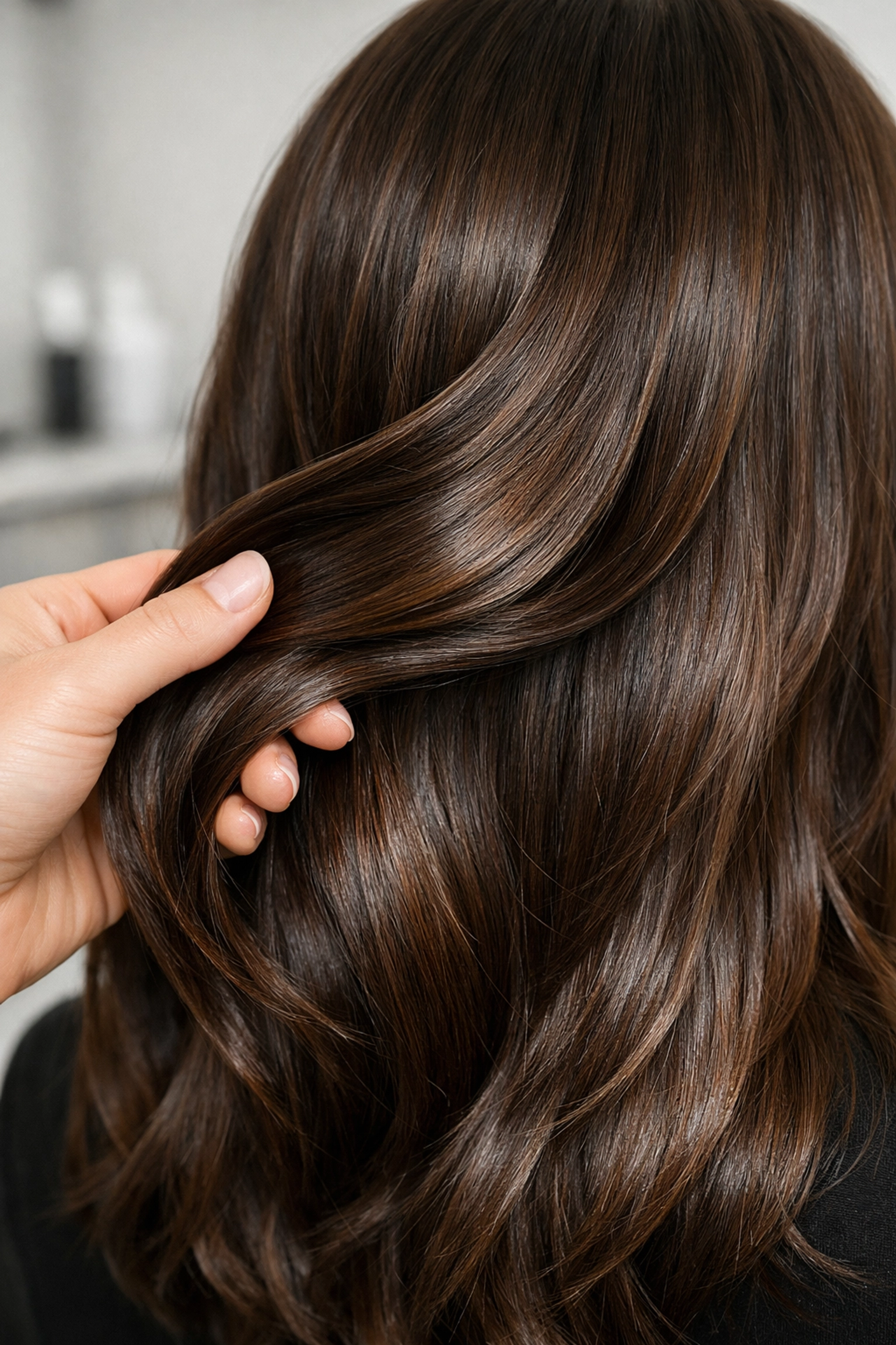 Professional stylist showcasing dimensional chocolate brown hair color at our beauty salon in Concord, NH.