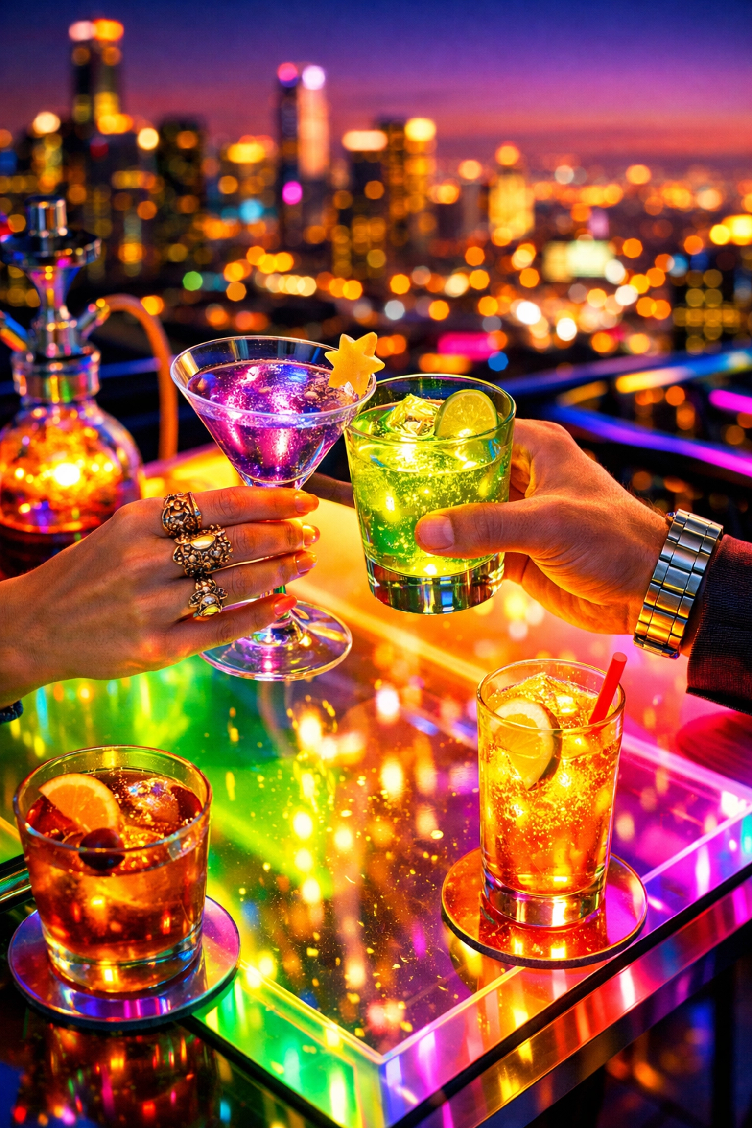 Two people clinking cocktails at a vibrant rooftop bar, emphasizing a safe public first meeting.