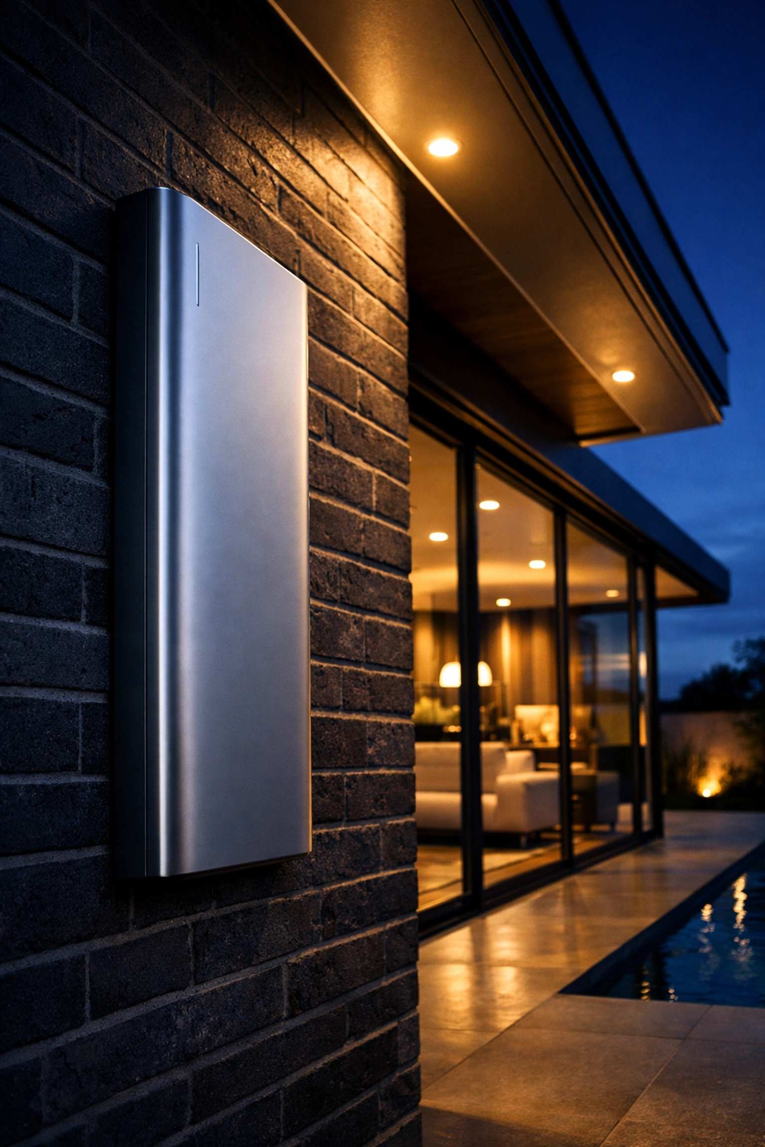 Tesla Powerwall-style home battery on an exterior wall, showcasing whole-home backup power