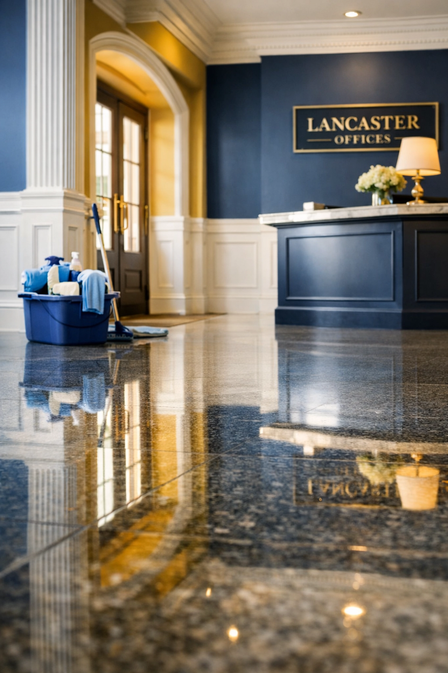 Pristine office entryway in Lancaster MA maintained by professional janitorial services.