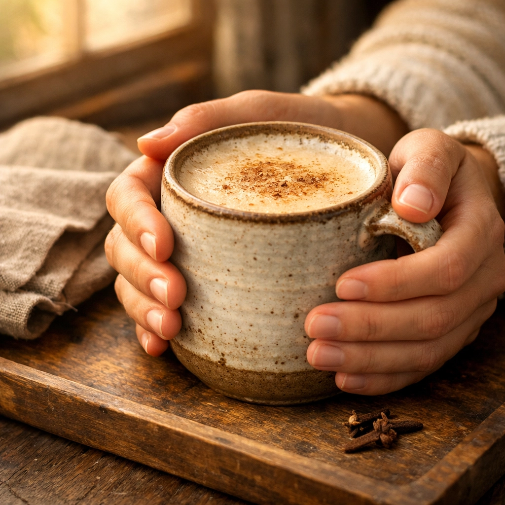 A frothy cup of authentic masala chai in a ceramic mug, ready to enjoy as a warming daily ritual.