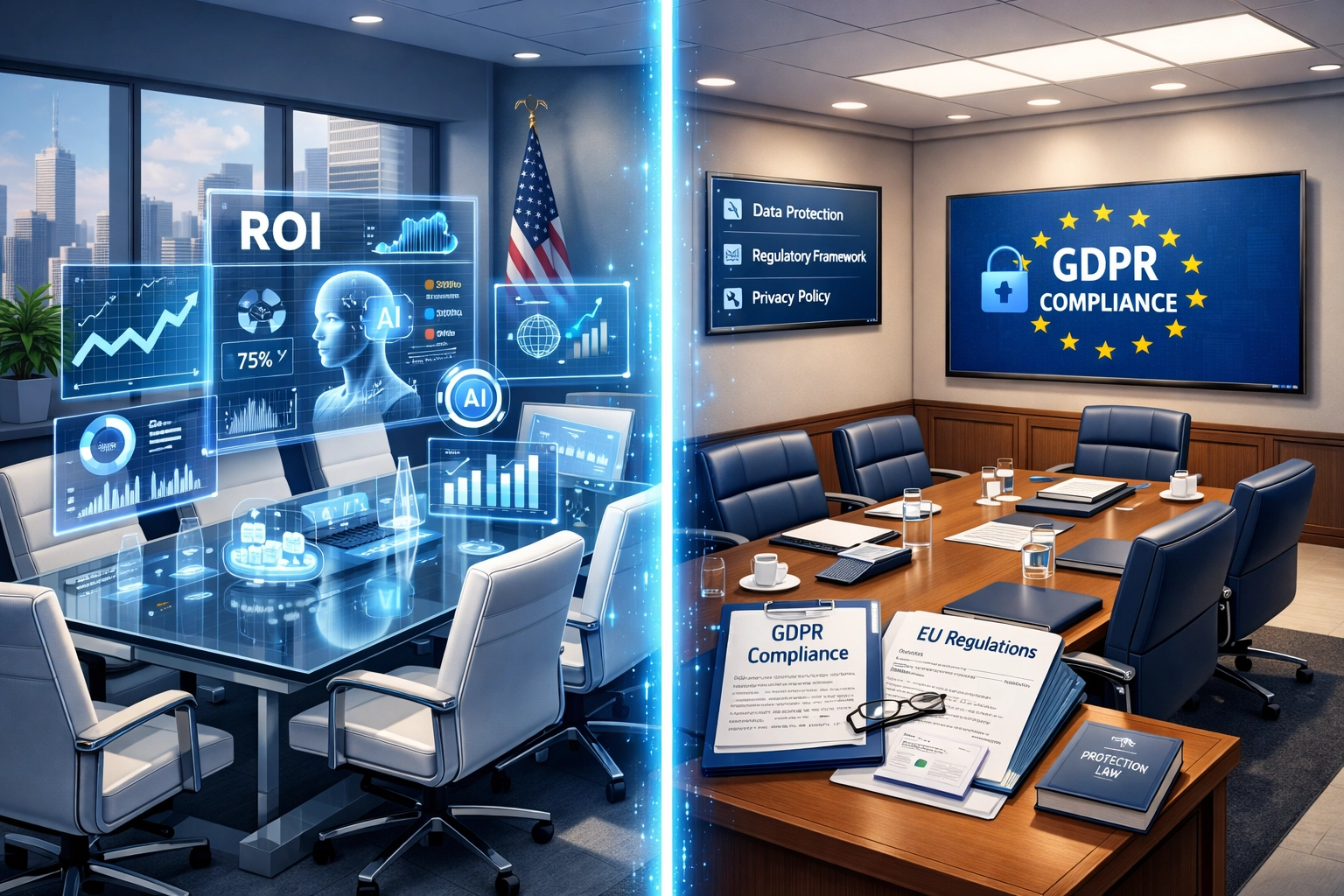 US versus EU ServiceNow implementation strategies shown in split office environment