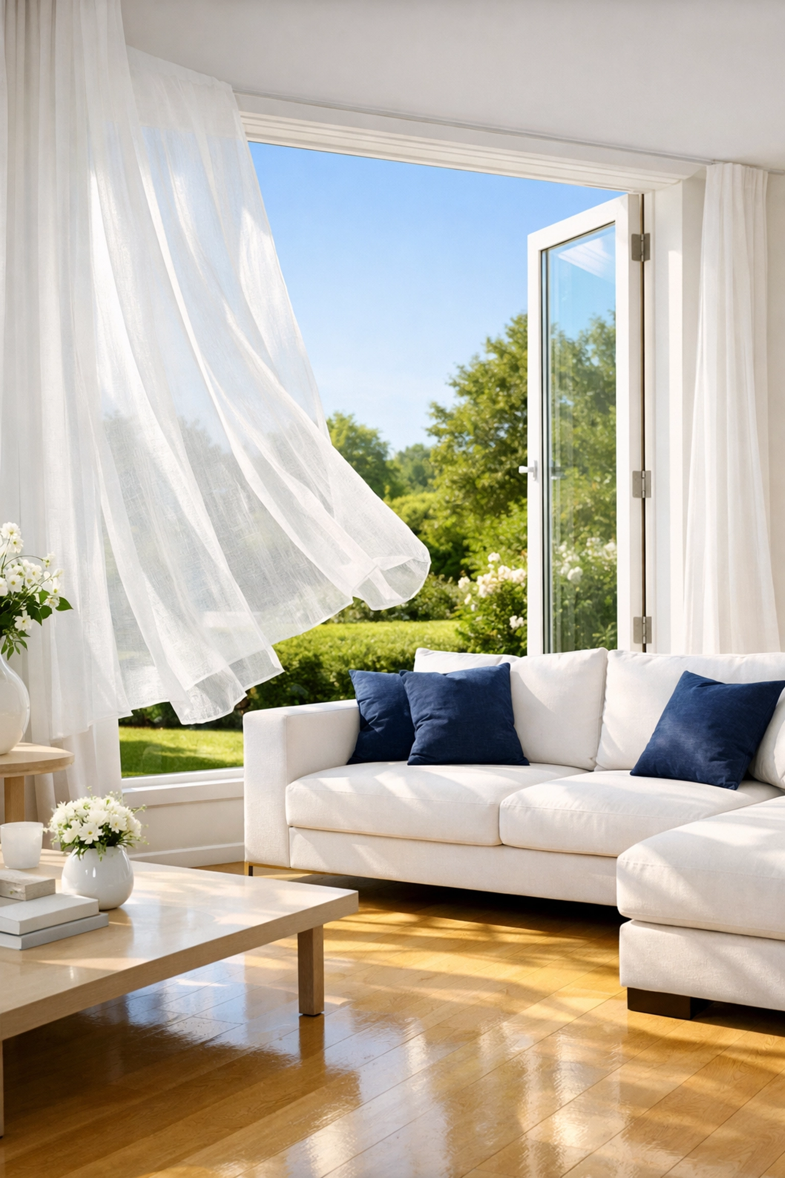 Spotless open windows in a modern home improving indoor air quality and natural light.