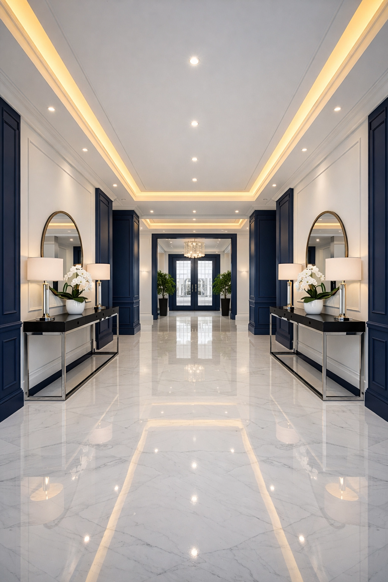 Sparkling white marble hallway in a Massachusetts home after professional deep cleaning services near me.