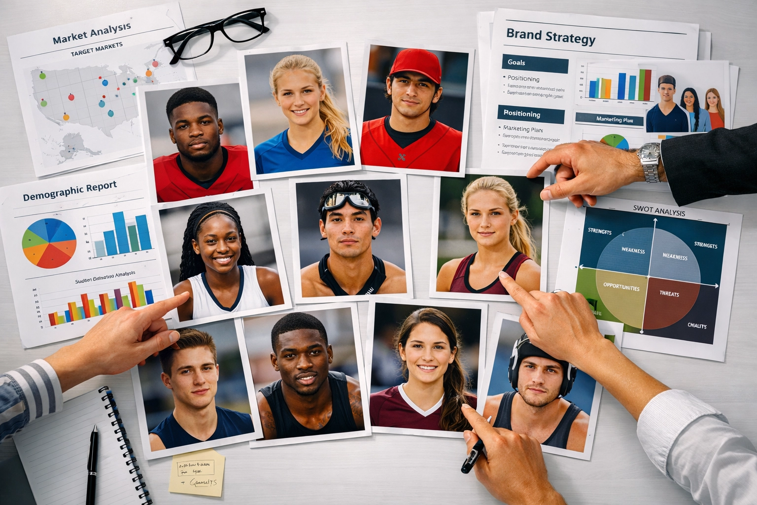 Strategic planning session with athlete profiles and market data for NIL campaign portfolio