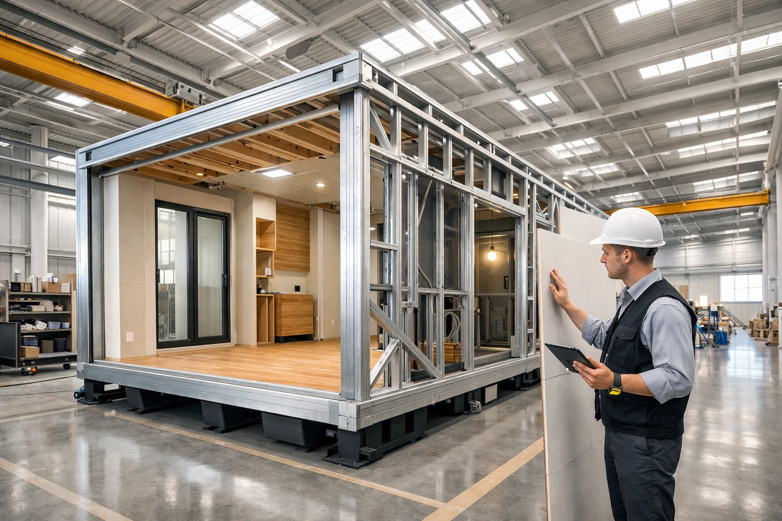 Modern modular home factory showing efficient precision steel frame construction and assembly process.